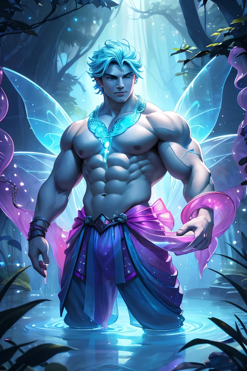 top quality, Photorealistic, 8K, High Definition, Unity 8K wallpaper, high res, ultra sharp, masterpiece, ((masterpiece)), best quality, expressive eyes, perfect face, Super eyes, masterpiece, highly detailed exquisite character art, epic fantasy digital art style, detailed digital 3D fantasy art, ultra-realistic, god of jellyfish, in the magical jellyfish forest, majestic, neon river, prince of jellyfish, fae male deity, (light blue skin), fae bodybuilder muscular body, night time, transparent wings, male muscular fairy fae, smug face, drinking neon cocktail, pecs, neon mesh open top, transparent pants with mesh details, strong jawline, butt