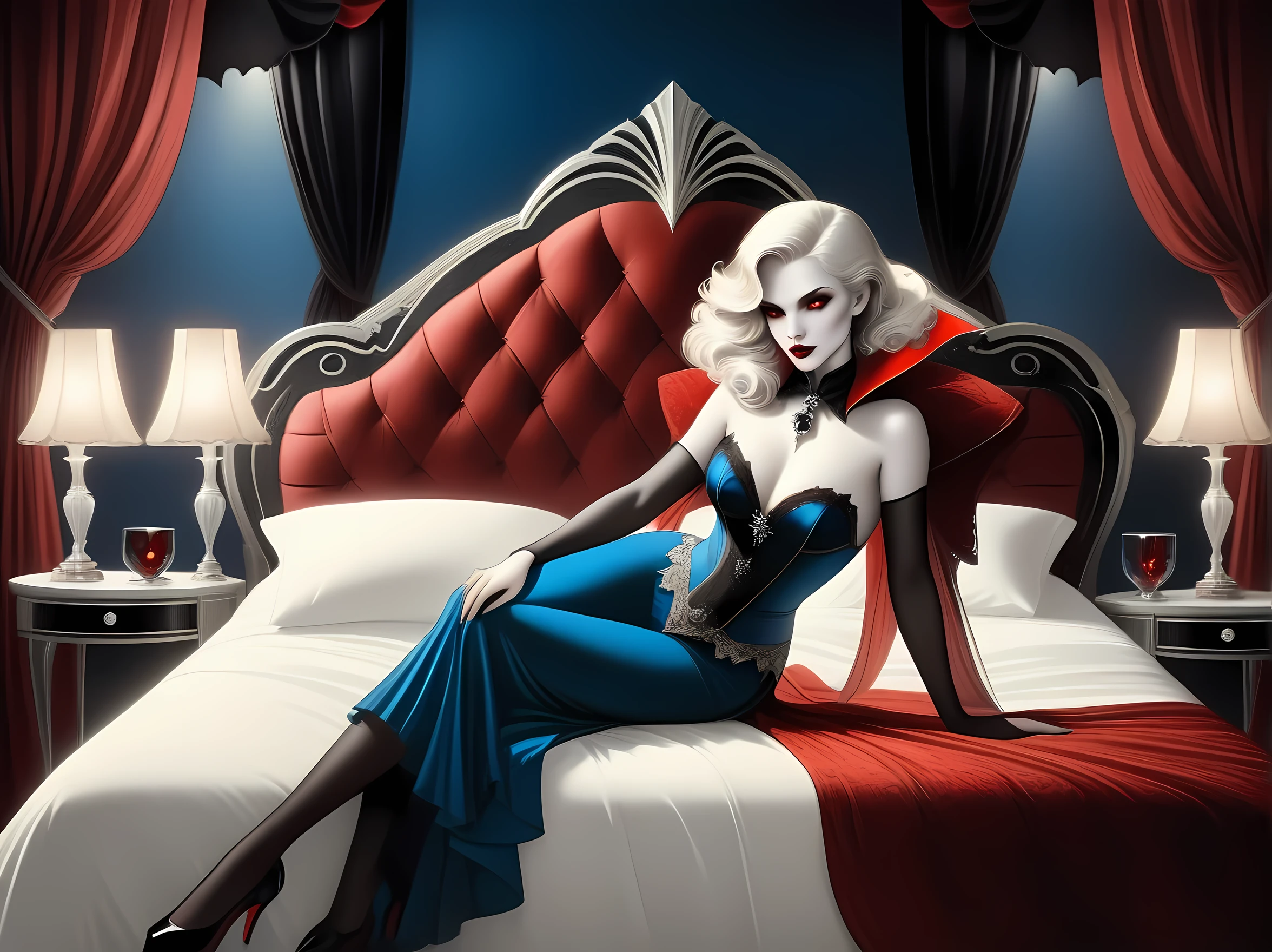 fantasy art deco (art deco: 1.5) A (black and white: 1.5) glamours (vampire: 1.5) model shot, RAW, award winning, of an exquisite beautiful 1solo female vampire, ultra feminine, full body, busty woman, most beautiful face, long  hair, wavy hair, pale skin, glowing (red: 1.3) red nebula eyes, wearing (blue: 1.5) silk corset, stockings, wearing intricate high heels, lying in bed, light make up, modern day high society bedroom background, (black and white filter: 1.4), (anatomically correct: 1.4),  1960s photoshoot style, picture taken from dynamic range, ultra wide shot, photorealism, depth of field, hyper realistic, 2.5d rendering