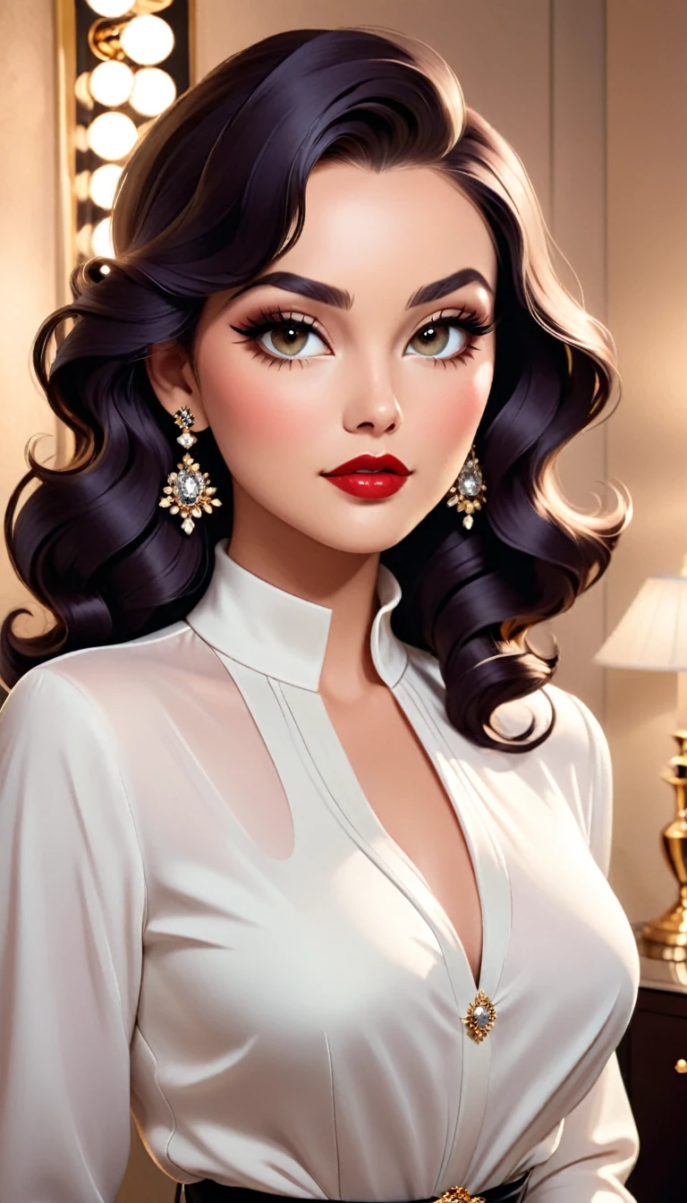 The image features a woman exuding an air of elegance and glamour. Her makeup is done in a sophisticated style, with defined eyeliner, voluminous lashes, and a bold lip color that adds a touch of drama to her look. Her hair is styled in loose curls, enhancing her overall allure. She is wearing a white blouse with a subtle detail on the collar, which adds a touch of refinement to her attire. The lighting in the photograph is warm and soft, highlighting her features and creating a glamorous atmosphere. The background suggests an upscale setting, possibly a dressing room or a boutique, with a mirror and lights that contribute to the luxurious ambiance.