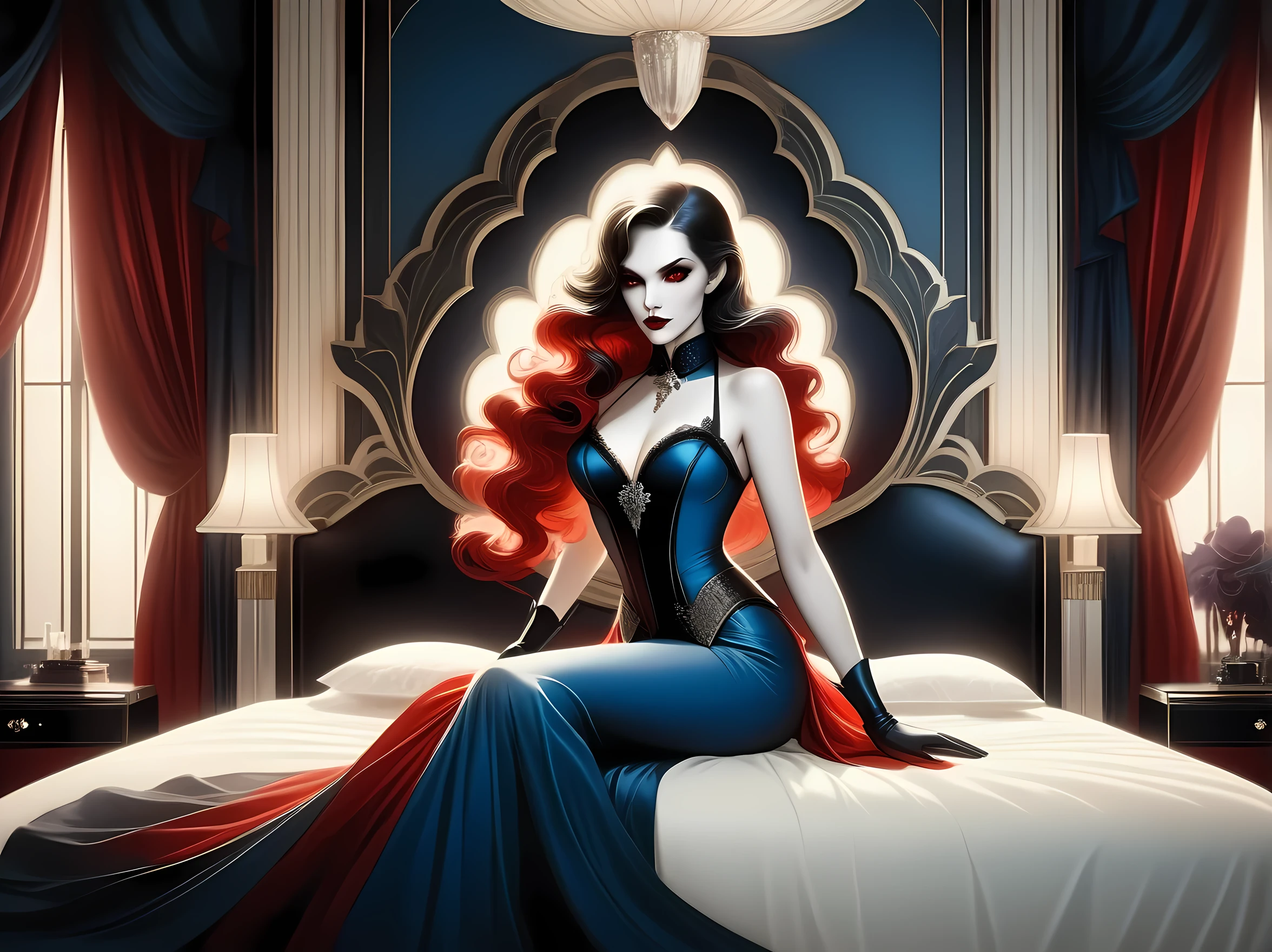 fantasy art deco (art deco: 1.5) A (black and white: 1.5) glamours (vampire: 1.5) model shot, RAW, award winning, of an exquisite beautiful 1solo female vampire, ultra feminine, full body, busty woman, most beautiful face, long hair, wavy hair, pale skin, glowing (red: 1.3) red nebula eyes, wearing (blue: 1.5) silk corset, stockings, wearing intricate high heels, lying in bed, light make up, modern day high society bedroom background, (black and white filter: 1.4), (anatomically correct: 1.4), 1960s photoshoot style, picture taken from dynamic range, ultra wide shot, photorealism, depth of field, hyper realistic, 2.5d rendering