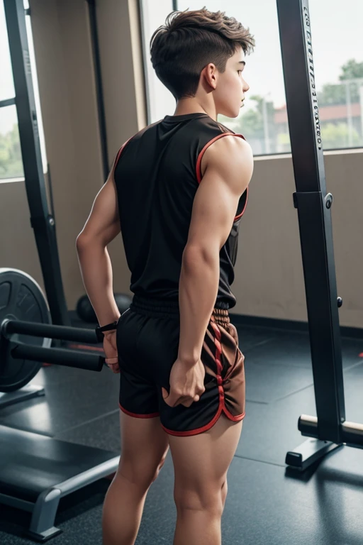 a 15 year old boy in gym he has short brown hair showing his butt he is wearing gym shorts