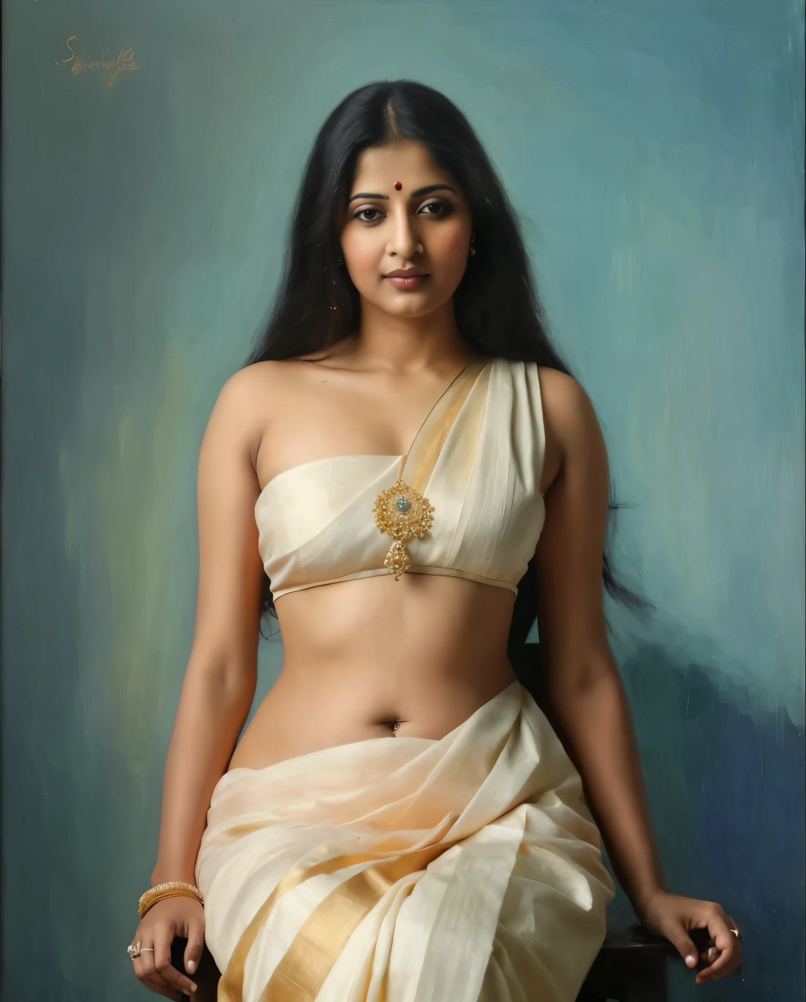 Masterpiece,8k uhd, hdr, realistic, hyper realistic, intricate, vibrant colour, painting of a woman in a yellow sari sitting on a chair, traditional beauty, inspired by Raja Ravi Varma, indian art, by Raja Ravi Varma, painting of beautiful, inspired by T. K. Padmini, painting of a woman, by Sardar Sobha Singh, gorgeous woman, oil on canvas painting, traditional painting, oil-painting