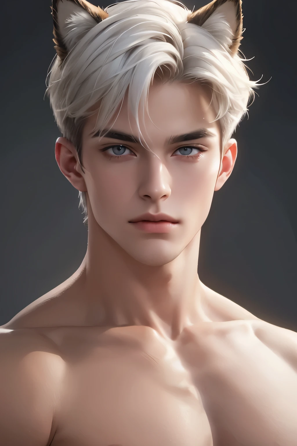 4k, high resolution, best quality, masterpiece, perfect color, perfect shade, perfect lighting, Posted by e621, ((portrait)), ((handsome man)), perfect male figure, Short hair details，chest muscles，abdominal muscles，Naked torso，Detailed face, perfect face, (stood up), Detailed background, ((Bonifasco Lighting)), (delicate eyes),(animal ears),white hair