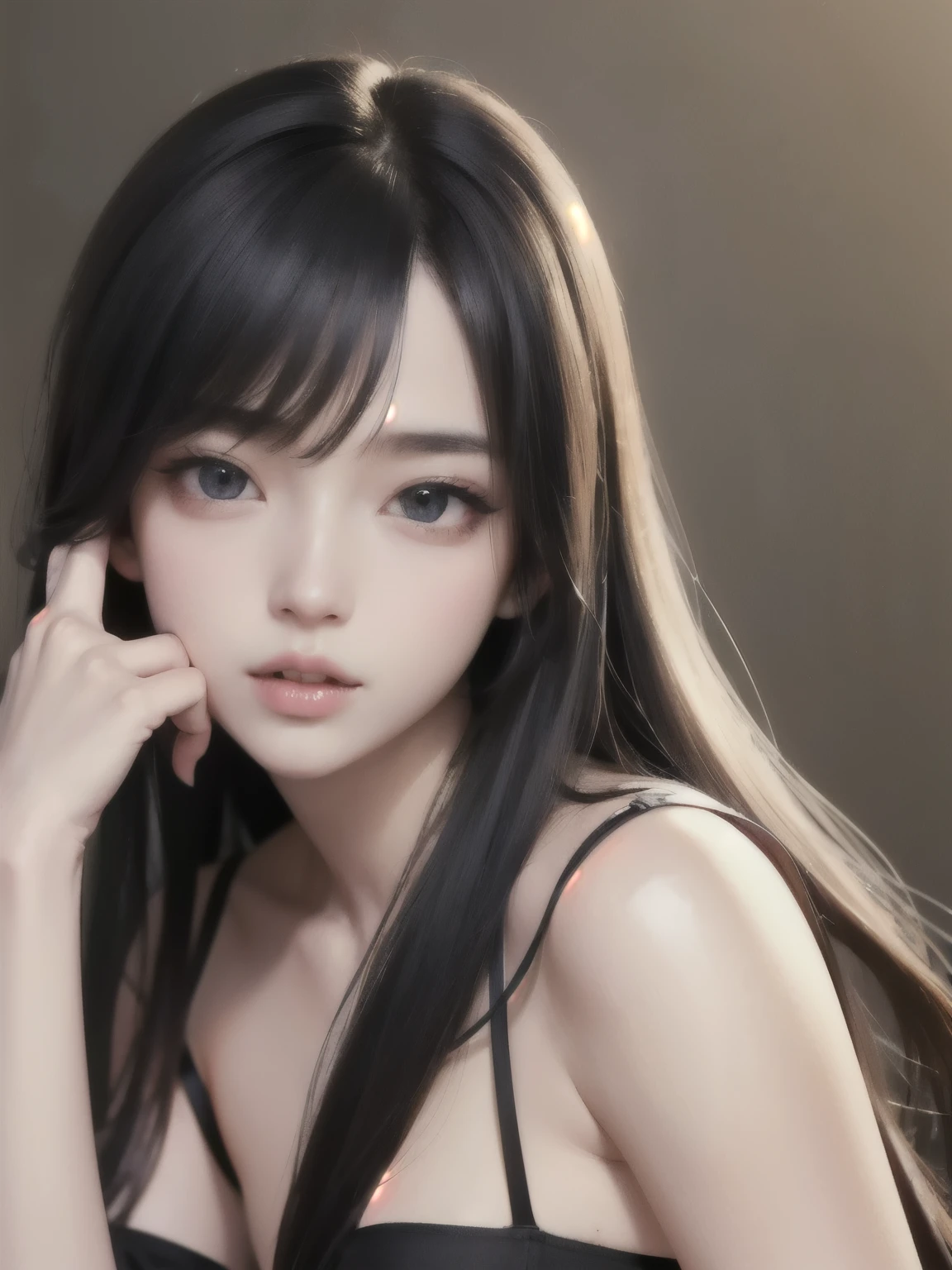 ((best quality)), ((masterpiece)), (detailed), perfect face. Black hair. Anime girl. Ulzzang. Asian girl. Black eyes. Small breast. Nipple.