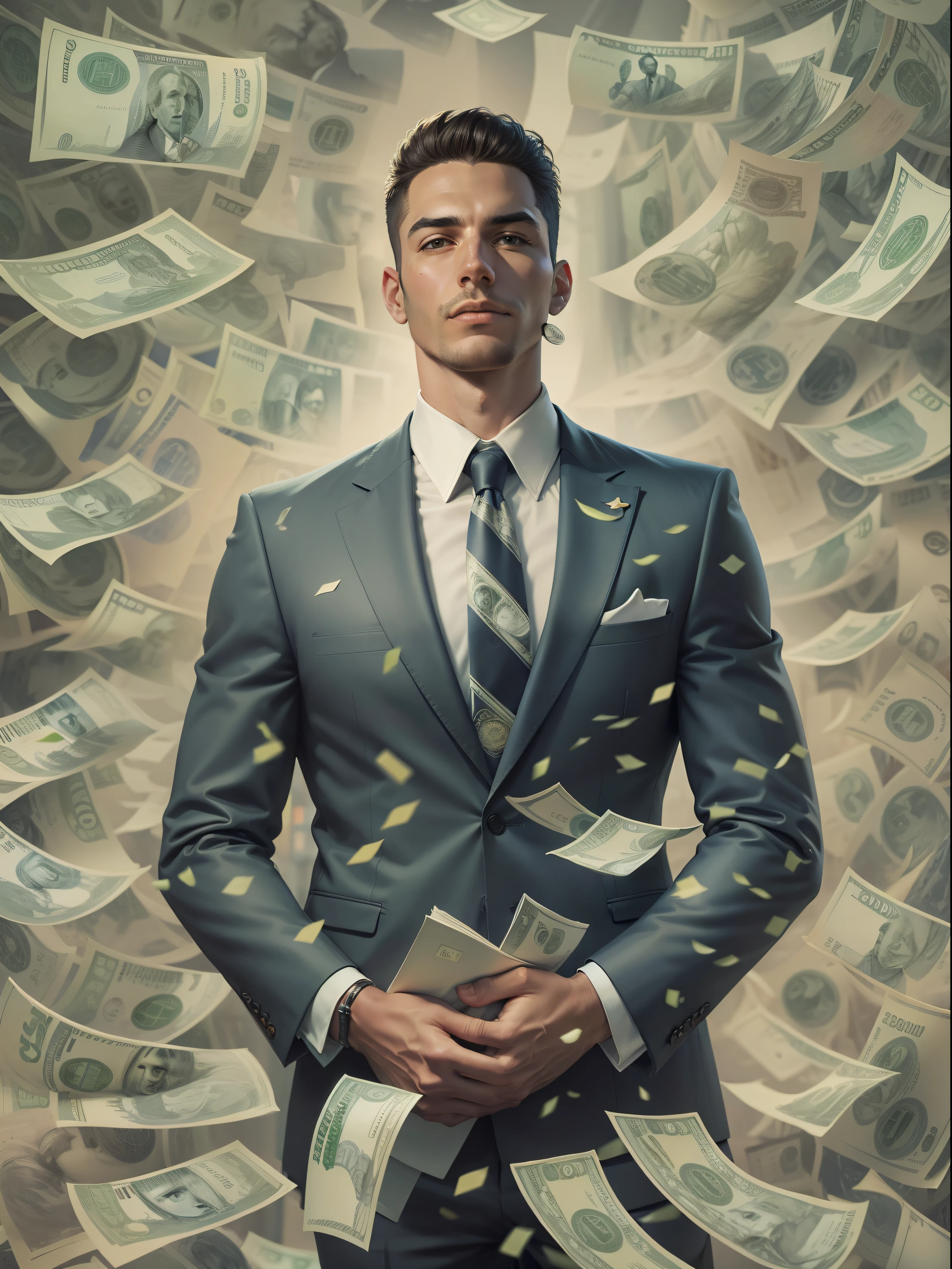 Uma pintura detalhada de uma pessoa de terno, surrounded by a flood of dollar bills, with the book Financial Freedom Formula in the center.