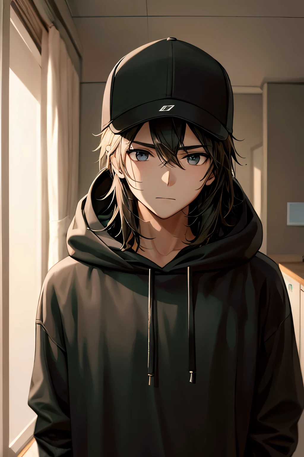 a young man wearing a white baseball cap and a black hooded sweatshirt, with his hood down.
His facial expression is neutral and he appears to be indoors which may suggest a window behind him.
The lighting in the room is dim, creating a soft atmosphere.