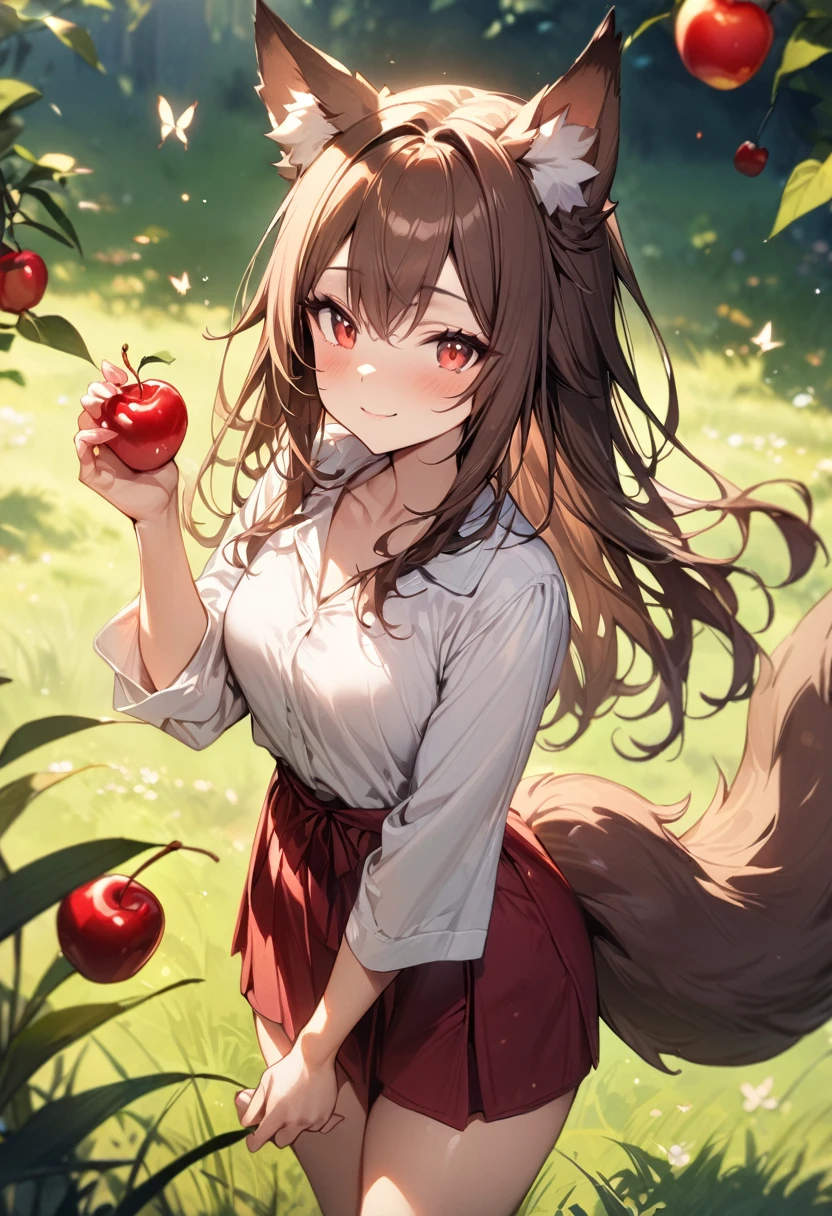 masterpiece,Best quality, 1 girl, One, slight smile, slight smile, cherry, sunshine in apples, butterfly, grass animal ears,wolf ears,long hair, tail, wolf tail, Red eyes, wolf girl,Brown hair,,  