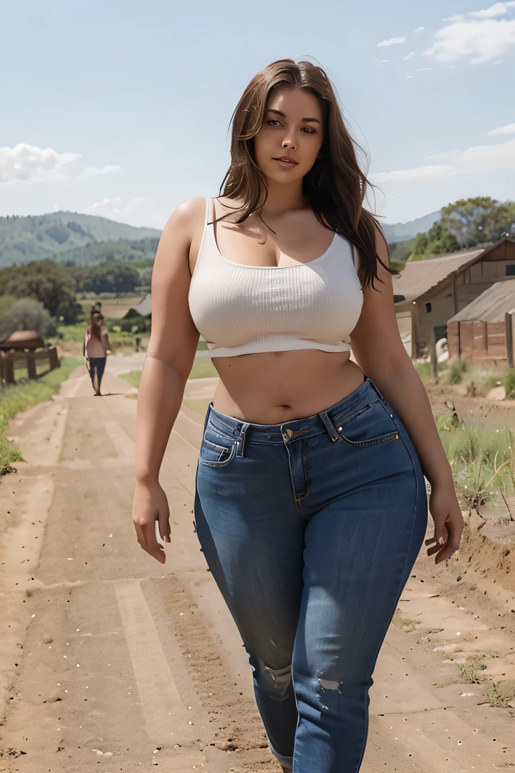 Seven women in jeans and crop tops walking down a dirt road, plus size, skinny waist and thick hips, alluring plus sized model, plus size woman, thick thigs, plus-sized, attractive feminine curves, beautiful girls, curvaceous, feminine curves, wide hips, attractive curves, perfect symmetrica body shape, women full body, many smooth curves, fat body, farming background