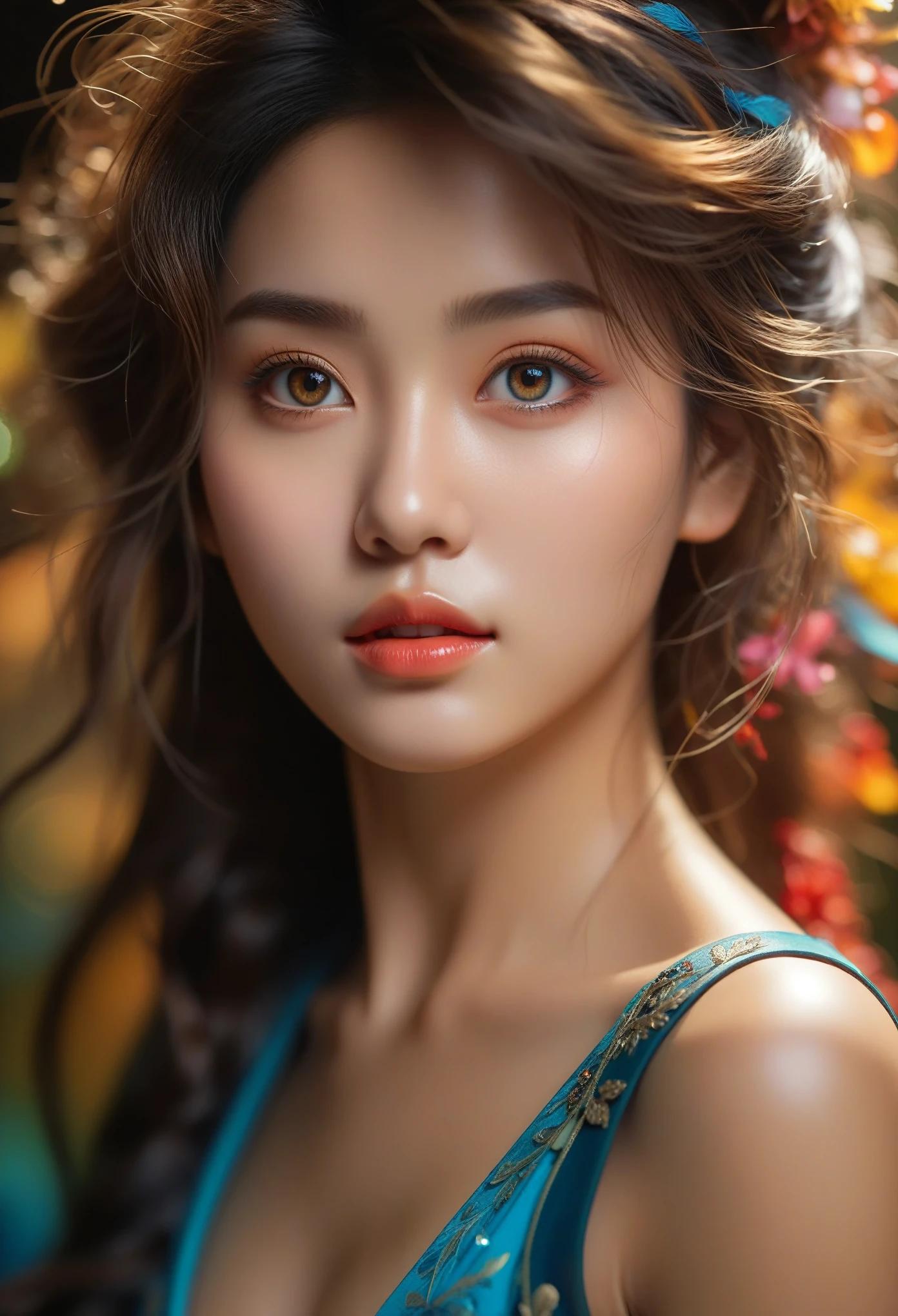 (masterpiece), (highest quality), (super detailed),(messy hair),(figure), (1 girl),  macro lens, , Are standing, looking at the viewer, indonesian face, detailed and beautiful eyes, exquisite beauty, floating, (high color saturation), , focus on the face, epic lighting