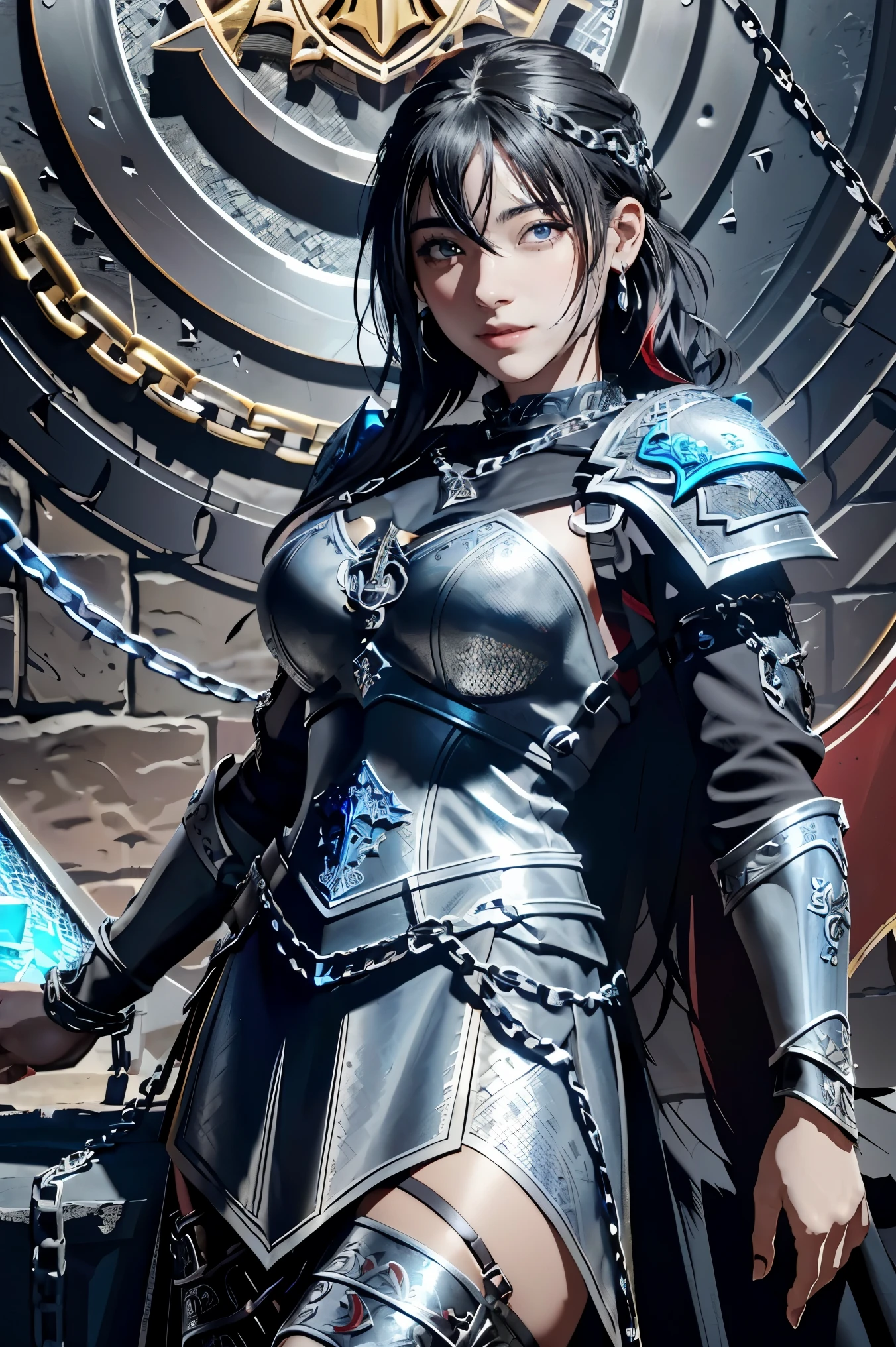 (masterpiece, best quality),  intricate details, 8k, artstation, wallpaper, official art, splash art, sharp focus,
1girl,  solo,  Aasimar \(Dungeon and Dragon setting\), black hair with blond at the highlight, bright blue left eye, and red right eye, ear pierces
,(Chain mail with Anvil emblem on it:1.3), ,wearing [armor|dress], 