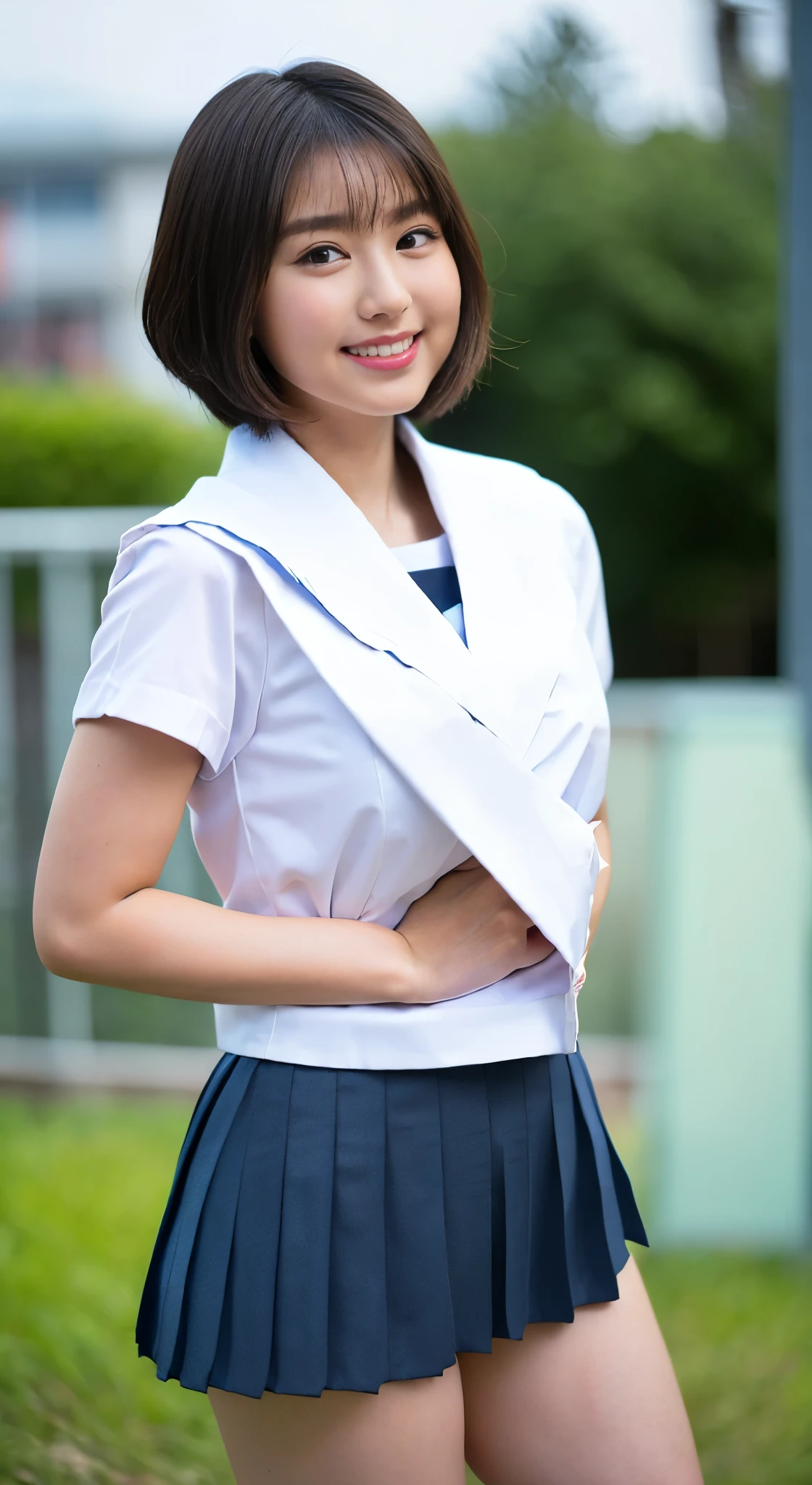 masterpiece, highest quality, Complete Anatomy、RAW Photos, Realistic、(Cute face:1.7)、(Very cute smile:1.6)、(round face:1.9)、(Baby Face:1.6)、(Very cute face like an idol:1.8), Black-haired、Written boundary depth, High resolution, Very detailed, Very detailed目と顔, Realistic student, Sharp focus, Cinema Lighting、(Clothing that emphasizes the bulge of the chest:1.6)、 (Large Breasts:1.7)、19 year old woman、One Woman、 (Very Short Hair:1.8)、  (Japanese high school girls、school uniform:1.5)、Very detailed8k壁紙、(Pleated skirt that is too short:1.8)、(Pull up the hem of your skirt with both hands、Show white panties to the camera:1.6）、(whole body:1.5)、Are standing、Angle from below、(Thighs close up:1.8)、Written boundary depth、Background Blur
