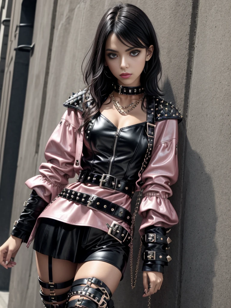 dark haired emo girl in pink leather clothes, black studded belt, studded bracelet, boots with buckles, studded collar, leather harness,