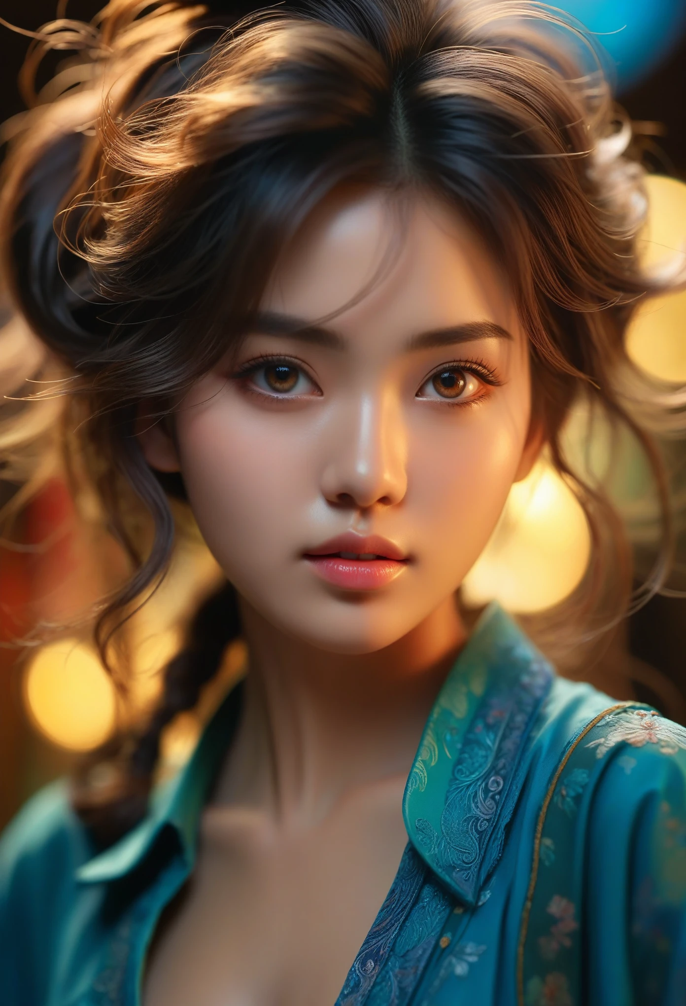 (masterpiece), (highest quality), (super detailed),(messy hair),(figure), (1 girl),  macro lens, , Are standing, looking at the viewer, indonesian face, detailed and beautiful eyes, exquisite beauty, floating, (high color saturation), , focus on the face, epic lighting