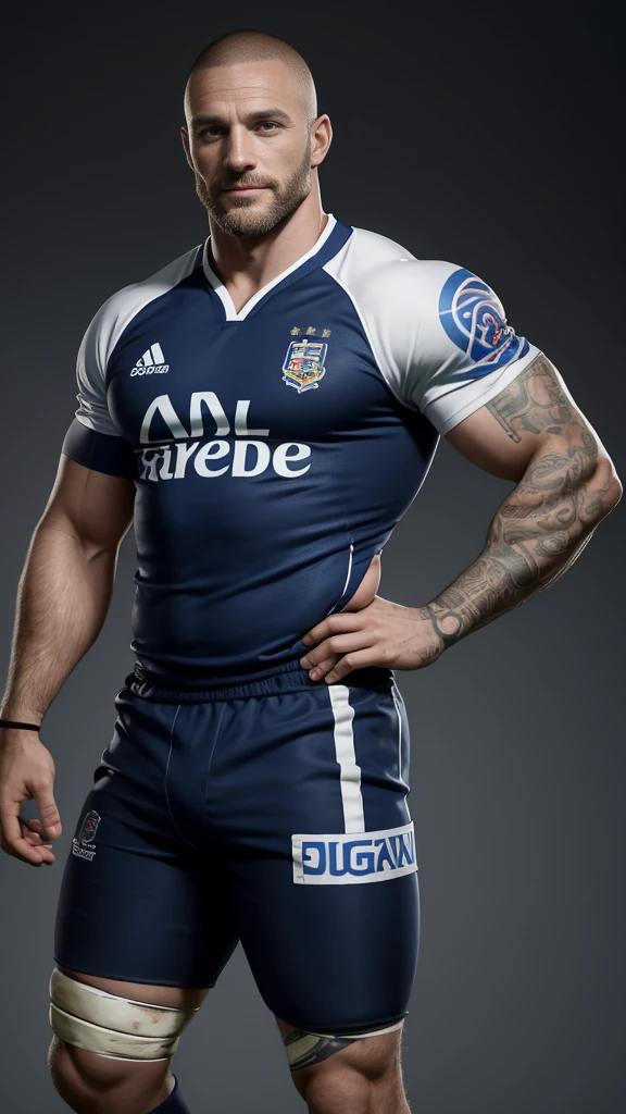 1 man rugby player ,Full body, nasty smile, blue alluring eyes, European 40yo man, rugby player, sport pants, rugby iridescent uniform, (Skinhead Hairline Crew Cut), skinheads have haircuts, Black hair cone ,High shadow detail, bubble wrap jacket, muscular chest, long legs, left arm tattoo, large mouth, Wide shoulders , bulge, slim waist.