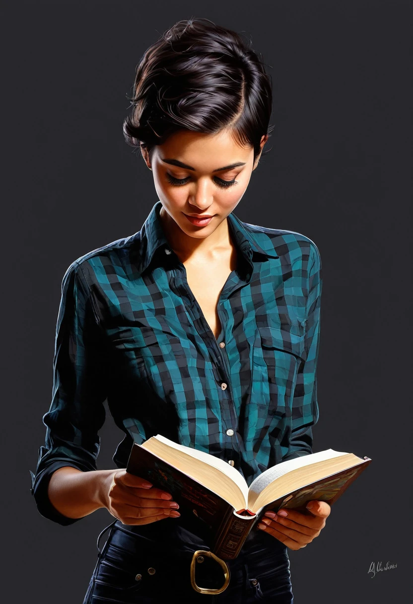 crea una mujer con pelo corte pixie ,con camisa negra , leyendo un libro obra maestra, estilo ilustracion de Ali Erturk, alto detalle, hiperrealista, luz natural,ilustracion , colores llamativos
