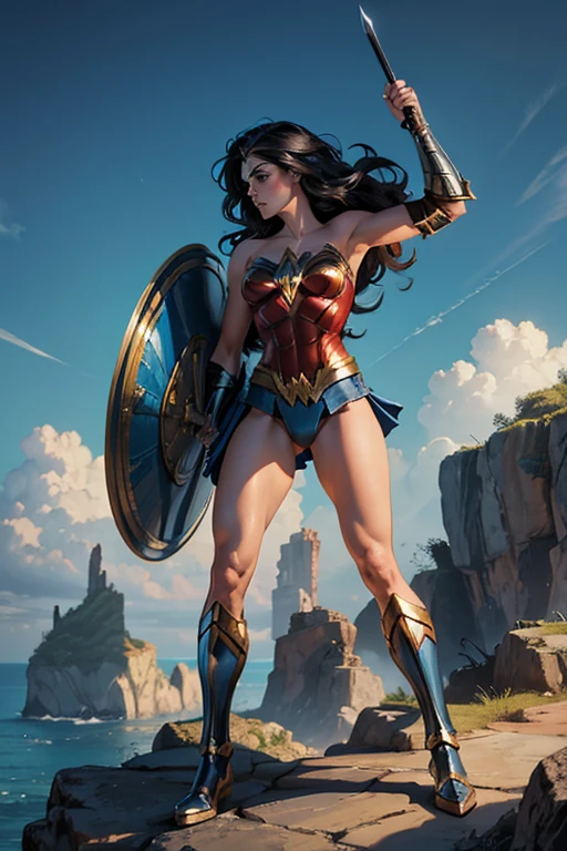 ((fantasy art)), action, heroism, grandeur, power, sensuality, dazzling shadows, expertly detailed, epic, powerful and profound. Wonder Woman from DC Comics is standing on a large rock, she is above us, we have a view from below, Wonder Woman is incredibly beautiful, slender, dynamic pose, action pose, knees slightly bent, she is holding a sword in her right hand and shield in her left hand, her legs are slightly bent, dynamic pose, battle pose, she stares at the camera, Her hair is very long and flowing. Full body, full body body. view from below, she is on top of a large rock, the waves crash against the rock she is standing on, it is raining. Style Jim Lee, Ed Benes, Ivan Reis, Frank Cho. ((best quality)), ((masterpiece)), (high resolution: 1.2), ((best quality)), ((masterpiece)), (high resolution: 1.2)