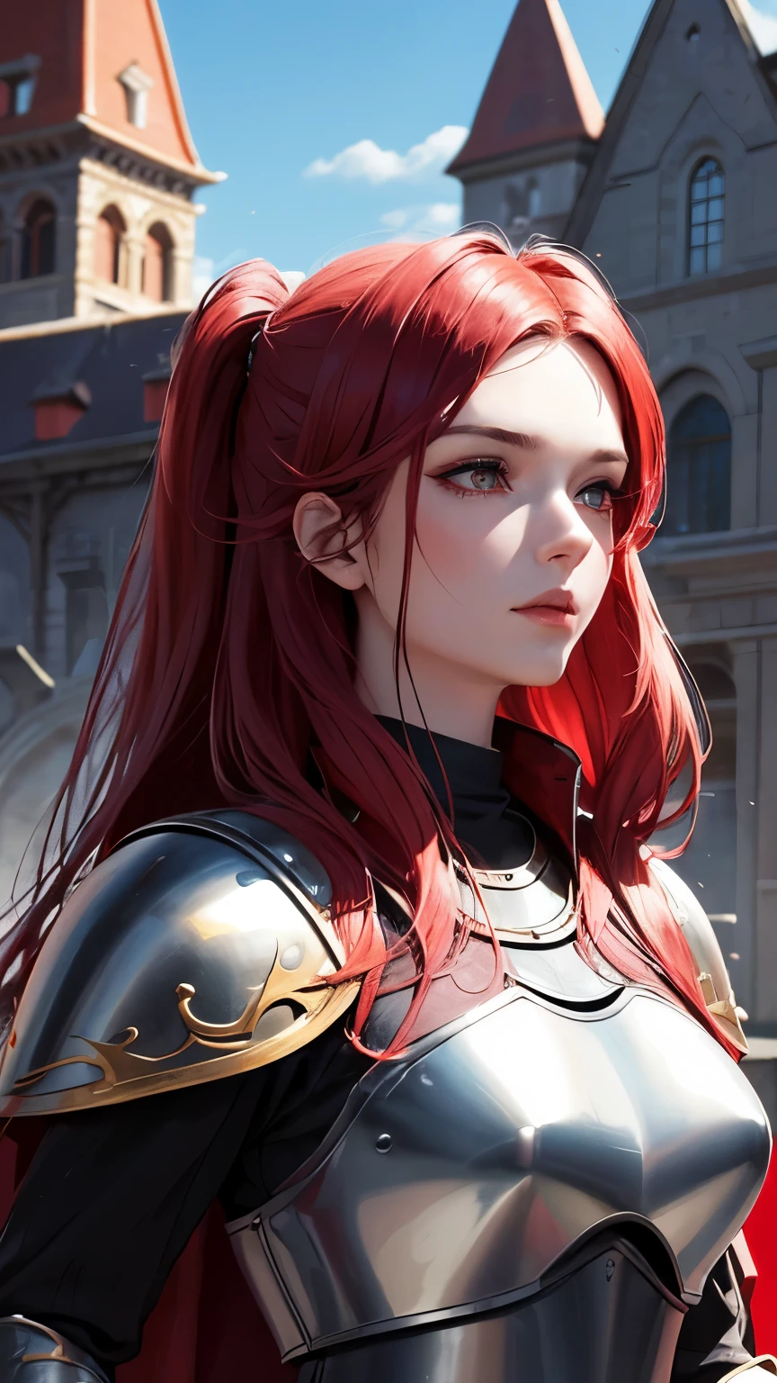 masterpiece,The best quality at its best,High resolution,8k,((Portraiture)),Original photo,Actual photo,Digital photography,(Medieval fantasy female adventurer),(Fantasy medieval valkyrie),18-year-old girl,(黒とredのヘアグラデーション),red ロングヘアー,red eyes,(red and gray gradient long hair,red),(Big Breasts),Lavish décor,Lips parted,Make your lips look more attractive and glamorous,((red面する)),Arrogant contempt,calm and handsome,(Medieval Fantasy Battle Suit,joint armor,((Metal armor)),((breastplate)),Beautiful magic badge,Metal medieval armor,Delicate pattern,Cape),(Woman warrior),Photo pose,medieval character medieval fantasy style,Background of the ancient city,oc rendering reflection texture、Ponytail hairstyle、(pocket)、shield、((front))、Background Outdoor、