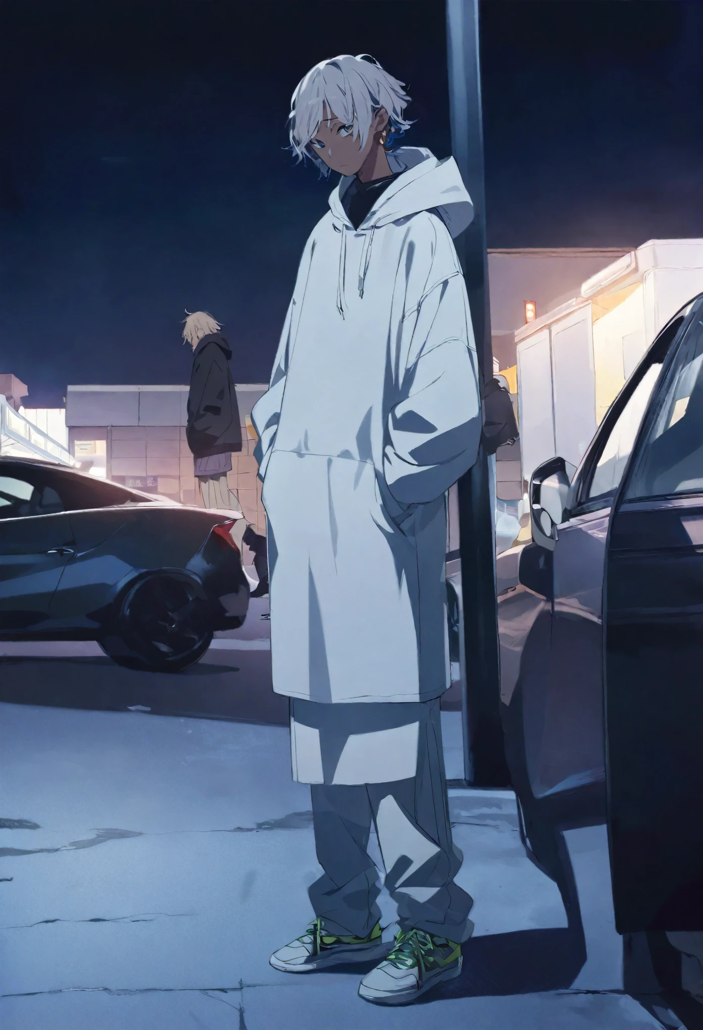 An Araf man stands on the sidewalk in a parking lot., ก็Dress casually, Dress casually, full Body shot!!, fresh teddy, sit down casually, sit down, night, cold, Children, Cinestills!!, B&There are photos., slightly minimal, fullBody shot, afrocentric locs, handsome man, Kendrick Lamar, full Body length, By mckadesinsanity bagging pants vantablack