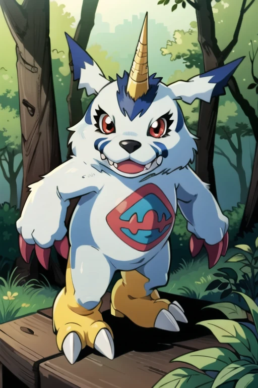 masterpiece, best quality, gabumon, solo, claws, creature, full body, red eyes, sharp teeth, single horn, solo, standing, digimon \(creature\), looking at viewer, forest background