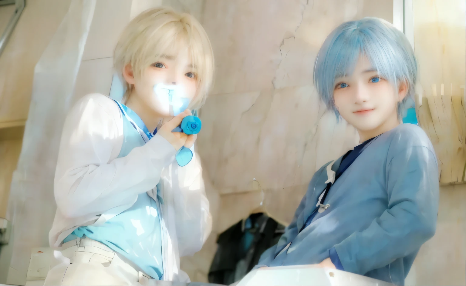 A boy with light blue hair and a boy with blonde hair are standing next to each other、cute、He is laughing with a sadistic expression.、cute瞳、Shota