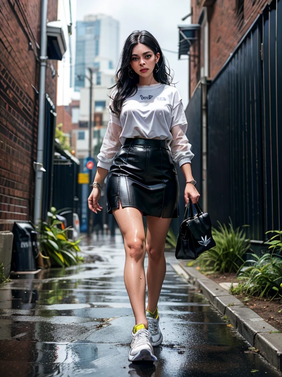 {Freya Tingley, hot, slim waist, perfect body, she is in an alley Against a wall, Brick wall, doodling, Dim lighting, alley}, (long black hair), (detailed eyes), (bright green eyes), (shy appearance wearing a large men's shirt and very short black genuine leather skirt), ((white Adidas sneakers), (it's raining, rainy weather, cloudy sky raining, she's all wet), full body, dynamic view.