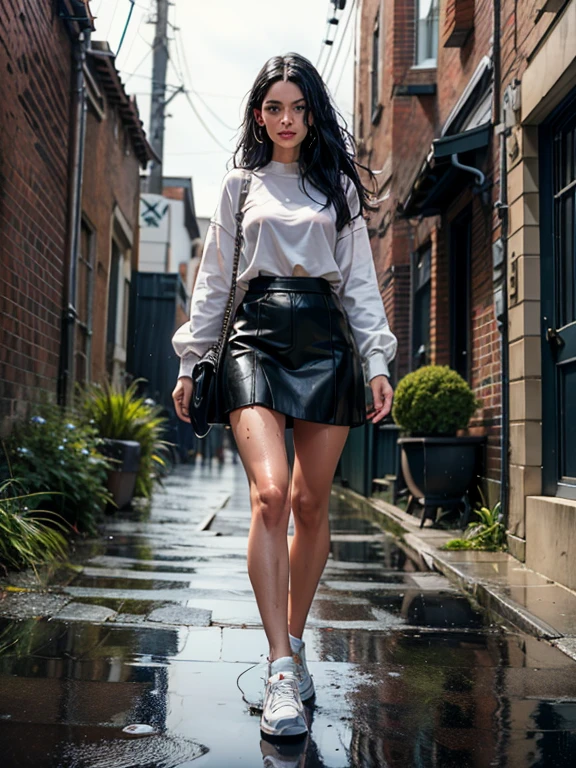 {Freya Tingley, hot, slim waist, perfect body, she is in an alley Against a wall, Brick wall, doodling, Dim lighting, alley}, (long black hair), (detailed eyes), (bright green eyes), (shy appearance wearing a large men's shirt and very short black genuine leather skirt), ((white Adidas sneakers), (it's raining, rainy weather, cloudy sky raining, she's all wet), full body, dynamic view.