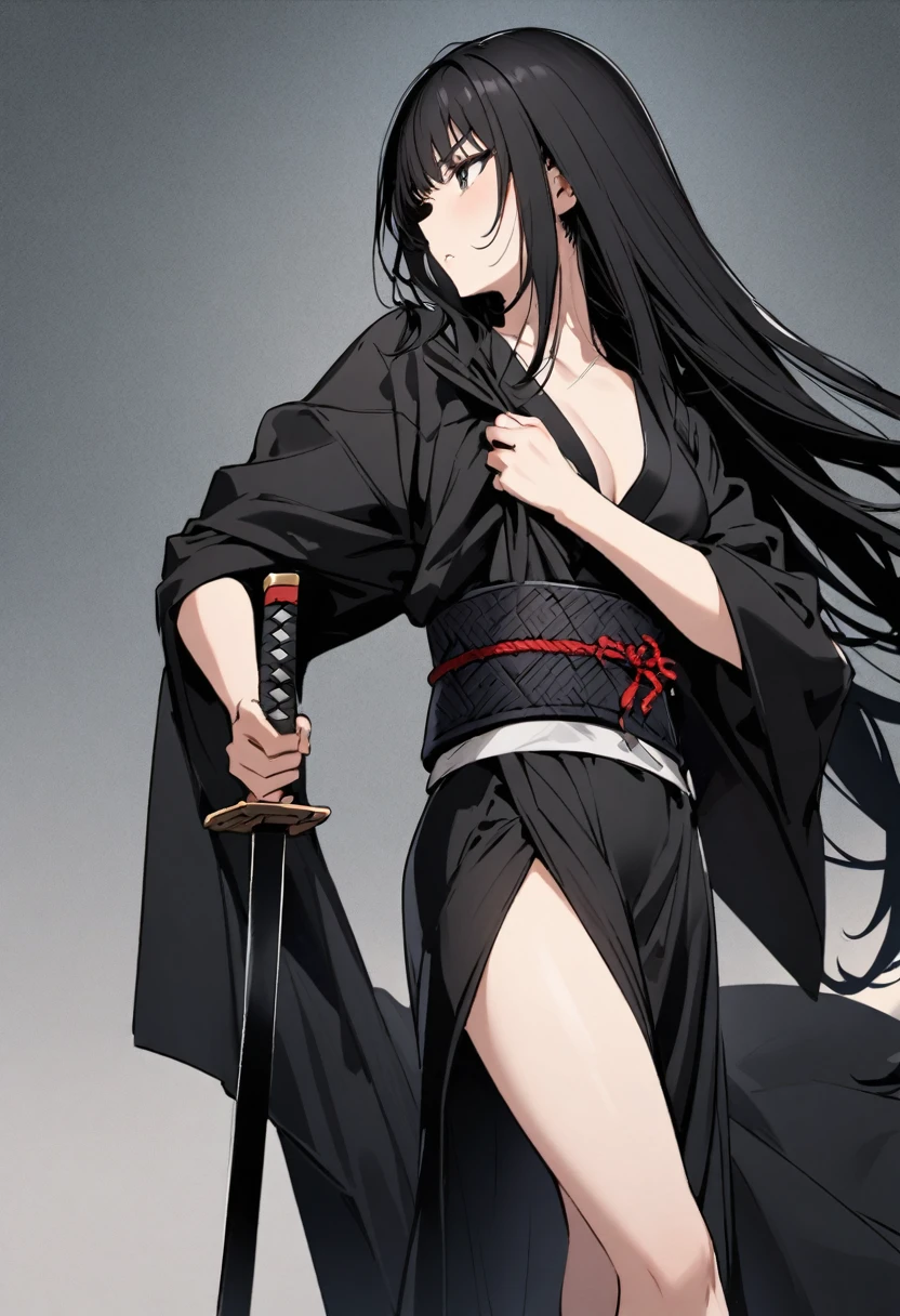 A samurai girl with a long black hair and a sword dressing a black cloth