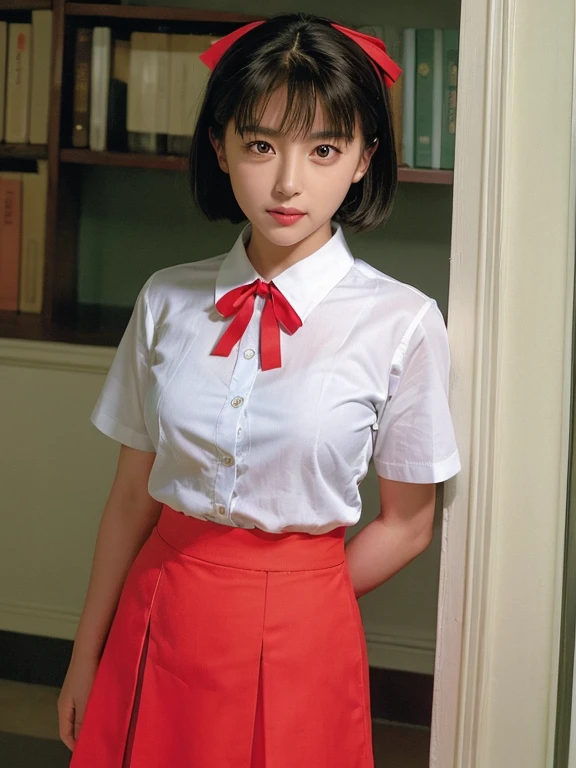 (megumi), (masterpiece, highest quality:1.2), One Girl, alone, Short sleeve, Grey Skirt, (Medium skirt),  Hime cut, tuck in, White collared shirt, red ribbon, plain attire