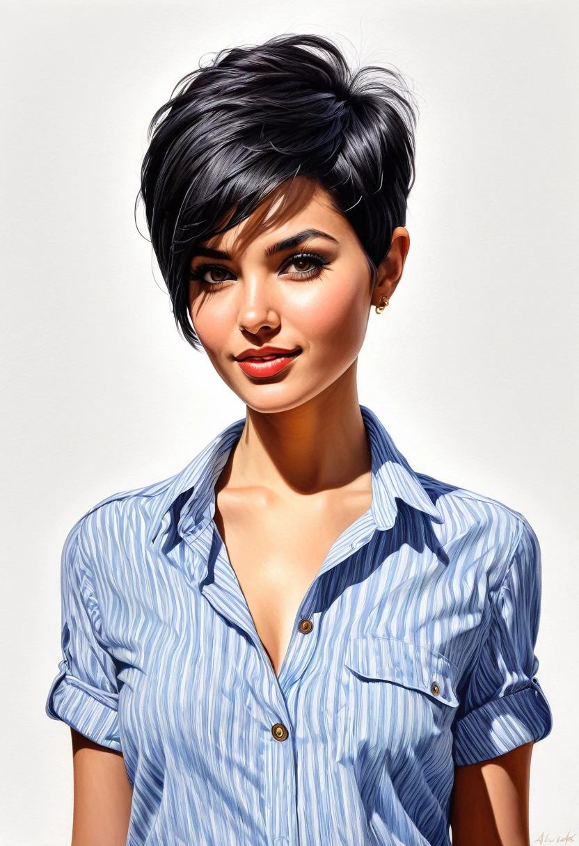 crea una mujer con pelo corte pixie ,con camisa negra , obra maestra, estilo ilustracion de Ali Erturk, alto detalle, hiperrealista, luz natural,ilustracion , colores llamativos