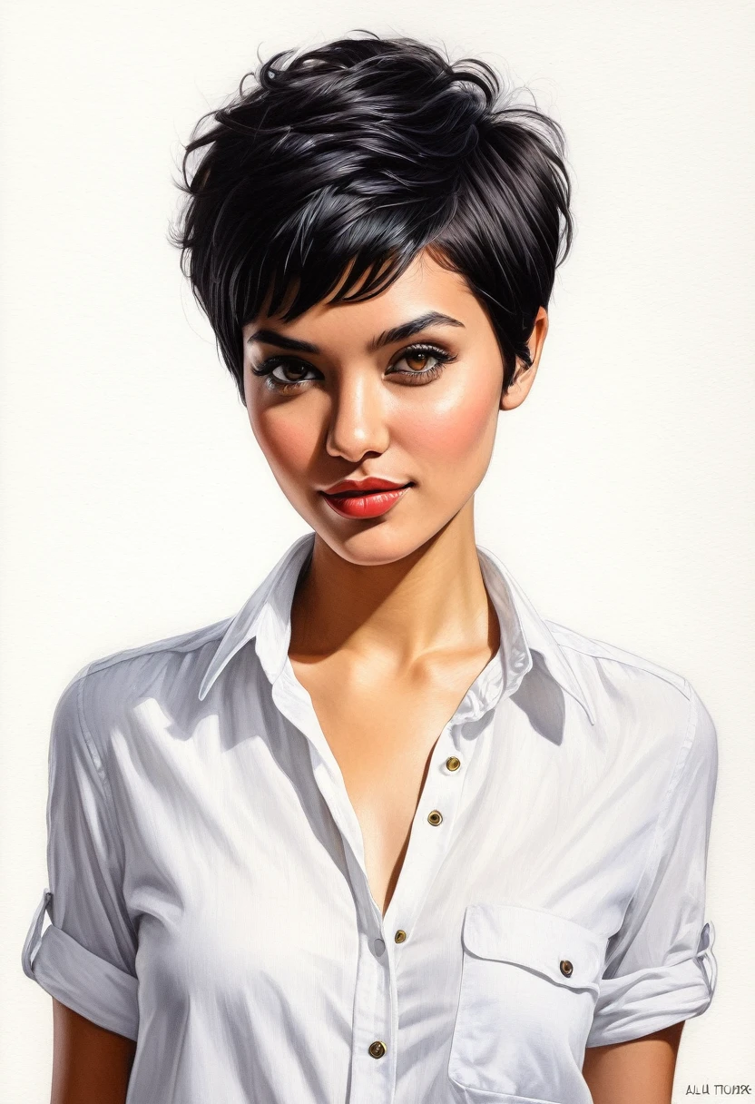 crea una mujer con pelo corte pixie ,con camisa negra , obra maestra, estilo ilustracion de Ali Erturk, alto detalle, hiperrealista, luz natural,ilustracion , colores llamativos
