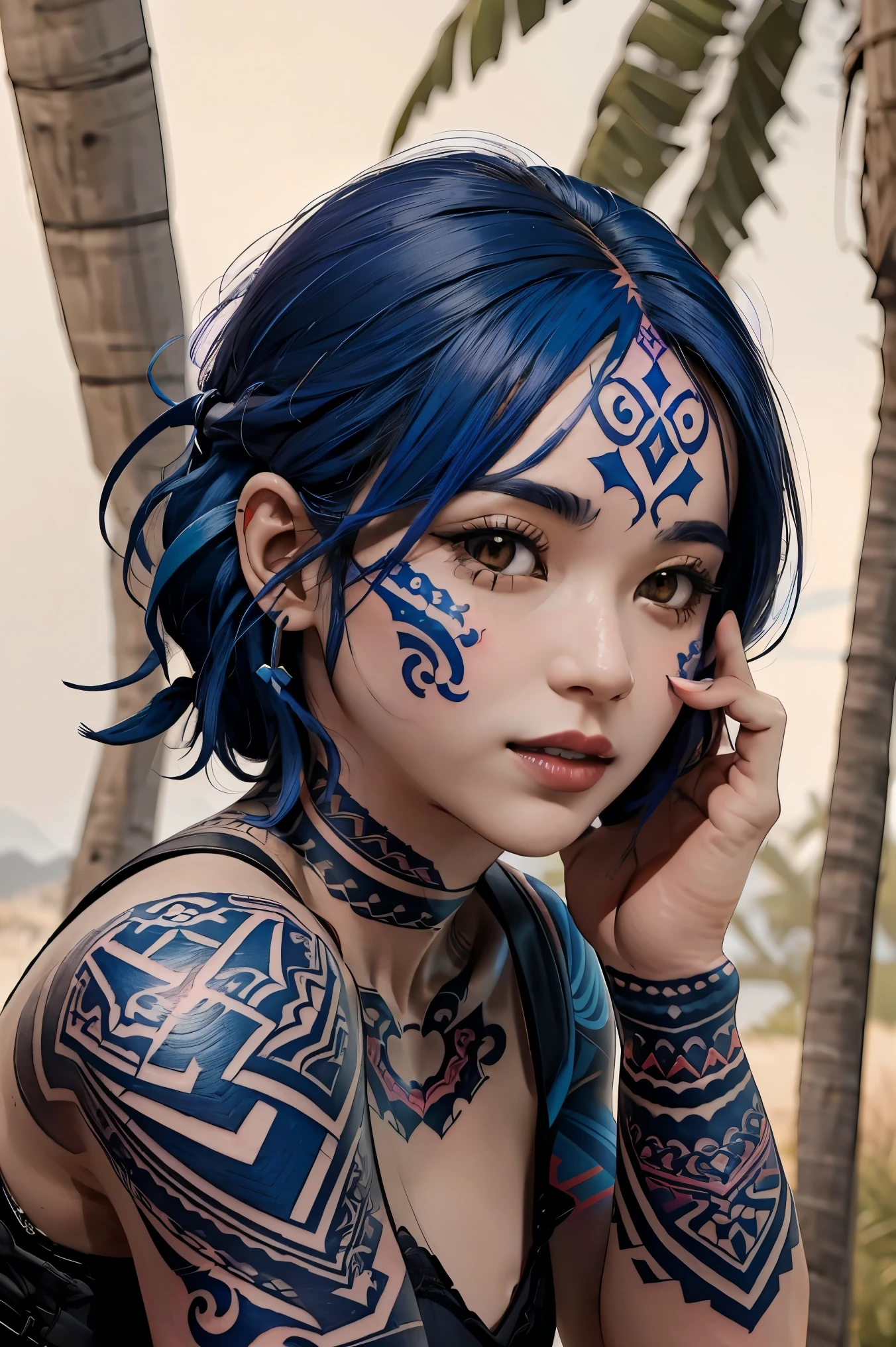 1girl, woman, stealthy Aasimar post-apocalyptic amazon ranger, (muscular:1.1), (tribal tattoos, face tattoos:1.4), violet hair, short hair, head down, bombshell hair, vivid blue hair, Retro Waves, hourglass figure, chain mail armor,