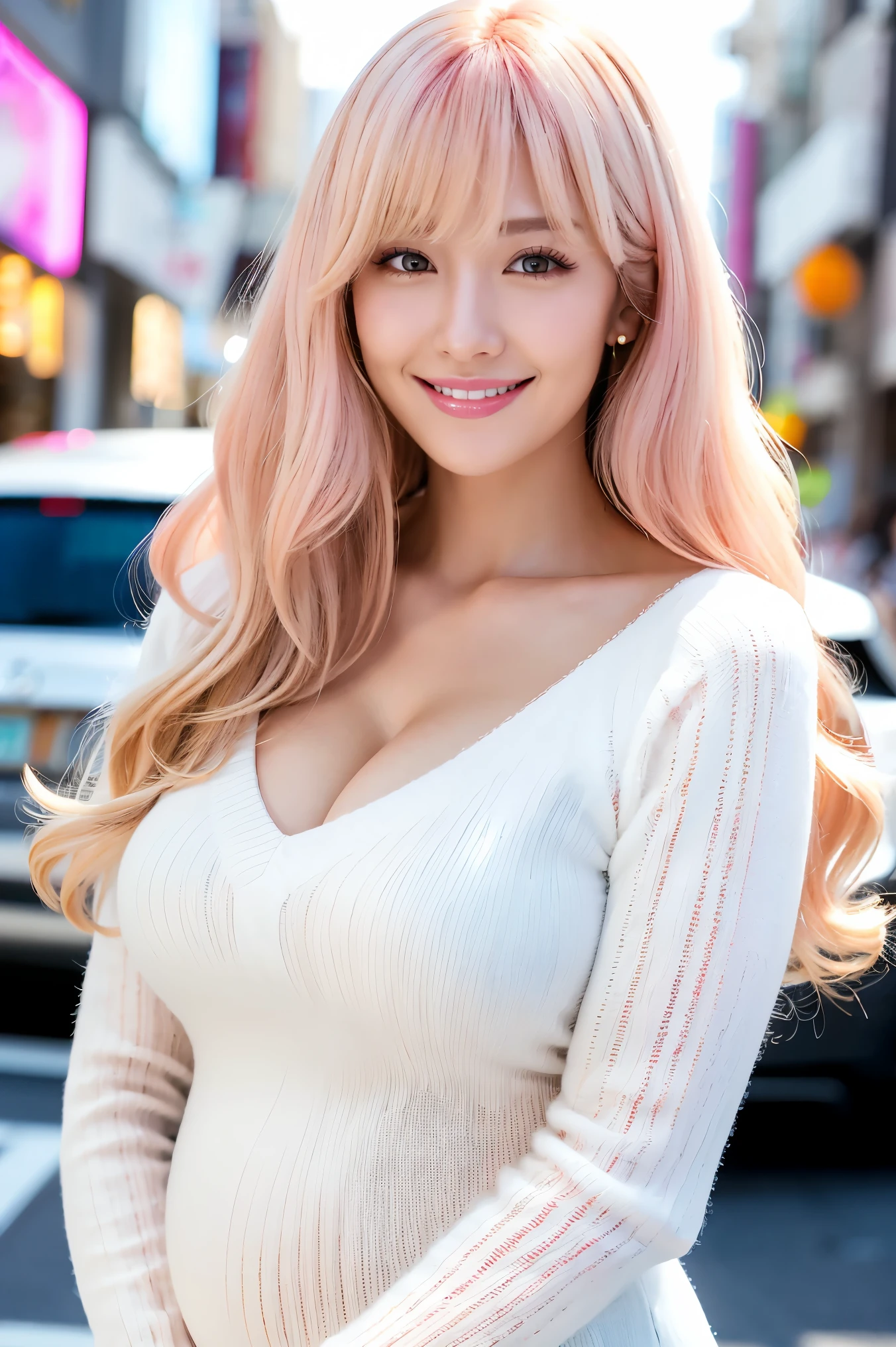 (Tabletop、highest quality、8k、Award-winning works、Ultra-high resolution)、One beautiful woman、(The perfect fluffy white V-neck long sleeve knit:1.3)、(golden and pink hair:1.2)、(blonde:1.2)、Bright color contacts、Perfect Makeup、Bright and shiny lipstick、(Very heavy makeup:1.1)、(Pink Eyeshadow:1.1)、Large Breasts、(Voluptuous body:1.1)、Heavy makeup around the eyes、Very long wavy hair、The best smile you ever had when you saw me、(Accentuate your body lines:1.1)、(Strongly blurred vibrant Harajuku streetscape background:1.1)、(Strongly blurred background:1.1)、Accurate anatomy、Ultra HD Hair、(Ultra-high resolutionの完璧な美しい歯:1.1)、Ultra-high definition beauty face、Ultra HD Hair、Ultra HD Shining Eyes、輝くUltra-high resolutionの美肌、Ultra-high resolutionの艶やかな唇、(pregnancy:1.1)、Full-body photo of a person standing gracefully