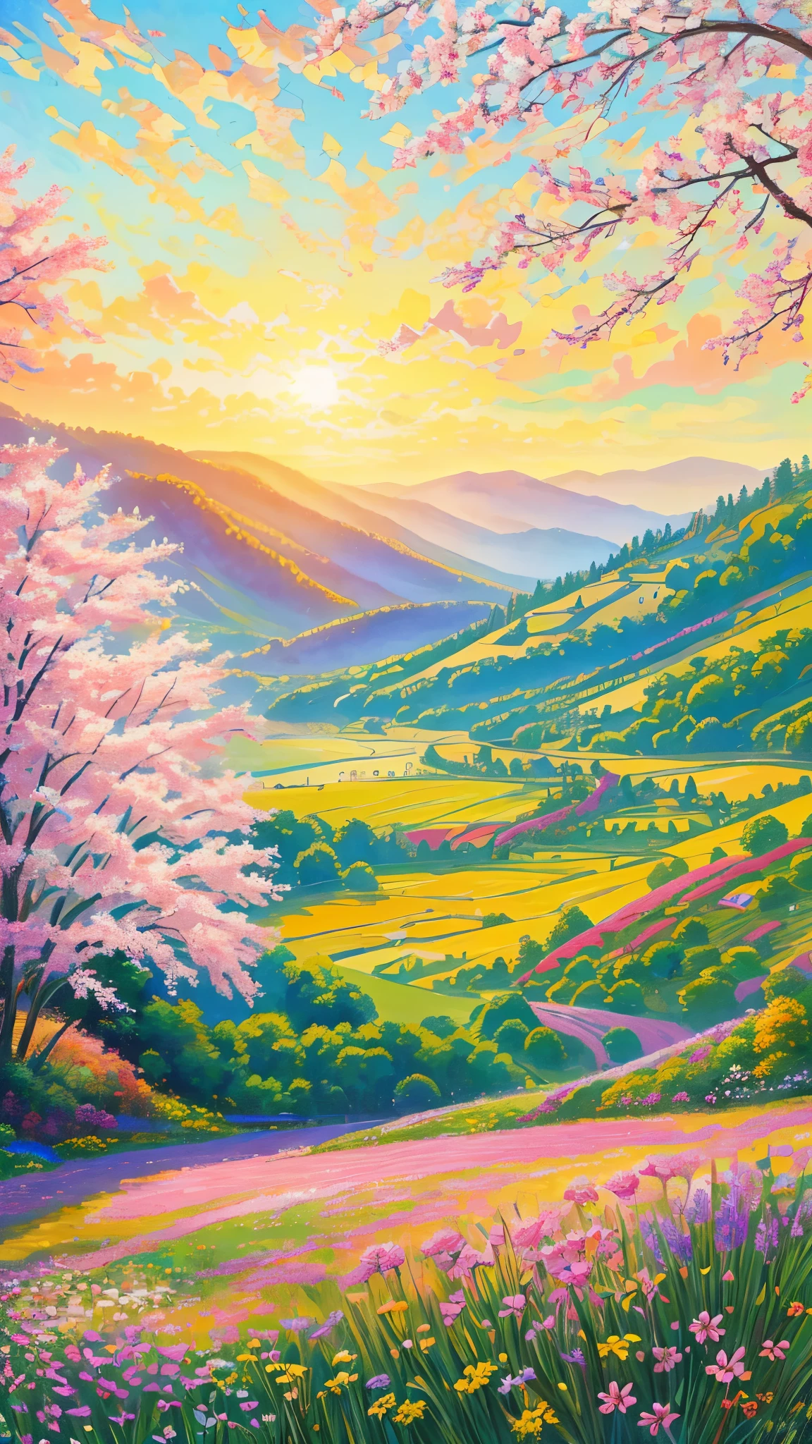 (best quality,realistic:1.2,highres),a lush green field, vibrant colorful flowers dotting the landscape,portraying the beauty of nature and the joy we can find in God's creation,illustration,extraordinary level of detail,stunning visual representation,impressive variety of flowers,serene atmosphere,sunlit scene,every blade of grass rendered with utmost precision,rich and vibrant colors,exquisite brushstrokes,picture-perfect composition,painting with a touch of impressionism,soft natural lighting,immersive experience,emphasizing the intricate details of the flowers,captivating and lifelike portrayal,awe-inspiring view,professional-level artwork,invoking a sense of tranquility and happiness.