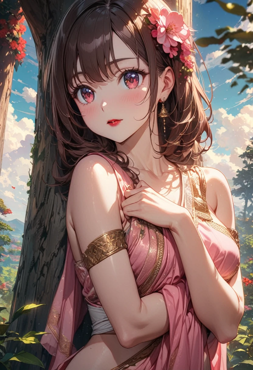 (masterpiece),(Best quality:1.0), (ultra high resolution:1.0), detailed illustration, 8K, Anime, 1 girl, beautiful Anime girl, In a sari, wear pink sari, beautiful pose, Beautiful face, detailed face, beautiful eyes, dark red eyes, detailed eyes, Red lips, Red lipstick, slightly brown hair, pink flower on ear, highlighting in hair, standing, Red flowers on the back of the tree, Open sky with clouds, detailed, difficult, Anime style, highly detailed