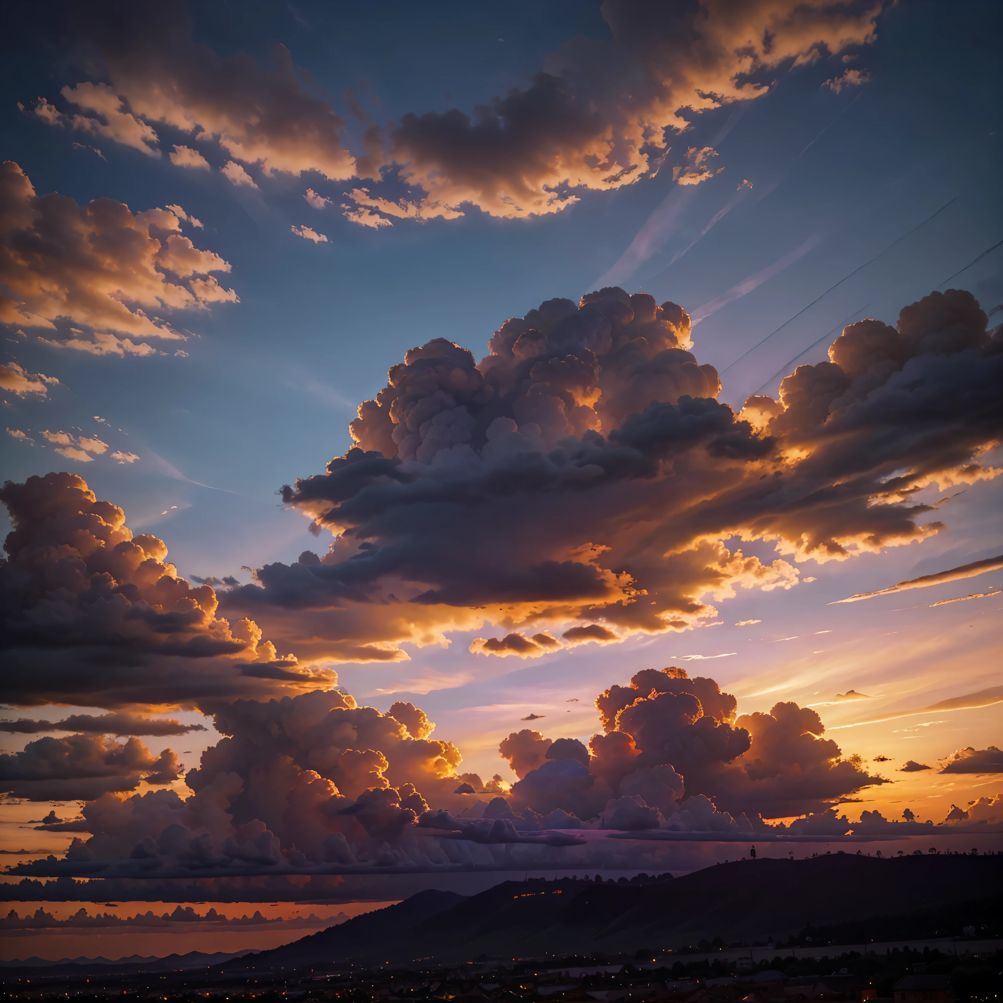 baroque painting of the colorful sky at dusk in the predominant colors of very strong orange and purple and renaissance clouds