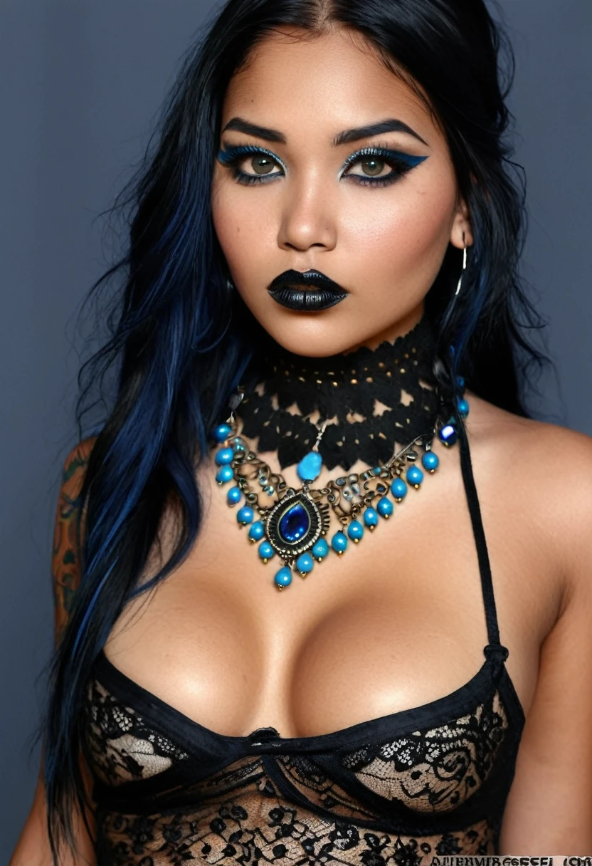 Create a photo realistic hyper realistic heavily tattooed young adorable american Indian girl, beautiful perfect face, vibrant sapphire eyes, thin curved black eyebrows, long luscious eyelashes, black eyeliner, black eye shadow, puckered curved lips, thick black lipstick, long natural african hair, black lace choker collar, sexy curved body, large breast, black see-through negligee , black thong, fullbody view