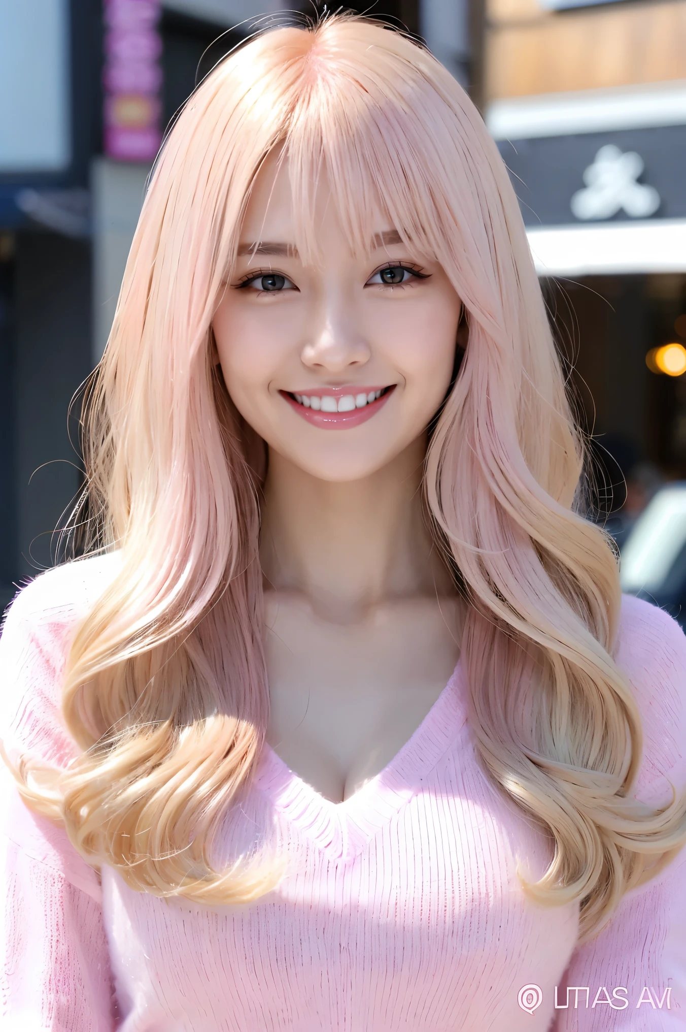 (Tabletop、highest quality、8k、Award-winning works、Ultra-high resolution)、One beautiful woman、(Fluffy light pink V-neck long sleeve knit:1.3)、(golden and pink hair:1.2)、(Blonde:1.2)、Bright color contacts、Perfect Makeup、Bright and shiny lipstick、(Very heavy makeup:1.1)、(Pink Eyeshadow:1.1)、Heavy makeup around the eyes、(Face close-up:1.2)、Very long wavy hair、The best smile you ever had when you saw me、(Accentuate your body lines:1.1)、(Strongly blurred vibrant Harajuku streetscape background:1.1)、(Strongly blurred background:1.1)、Accurate anatomy、Ultra HD Hair、(Ultra-high resolutionの完璧な美しい歯:1.1)、Ultra-high definition beauty face、Ultra HD Hair、Ultra HD Shining Eyes、輝くUltra-high resolutionの美肌、Ultra-high resolutionの艶やかな唇