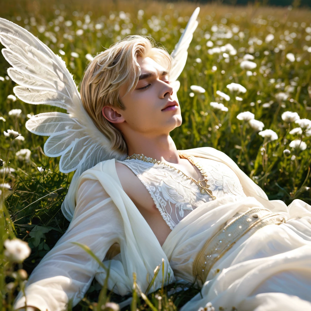 (best quality,4k,highres),realistic, passionate portrayal of a young man lying peacefully in the midst of a breathtaking field. blond hair, his body adorned with delicate ivory-colored lace that adds an enchanting touch. To enhance his ethereal presence, he is depicted with magnificent, angelic wings extending gracefully from his back. The innocence