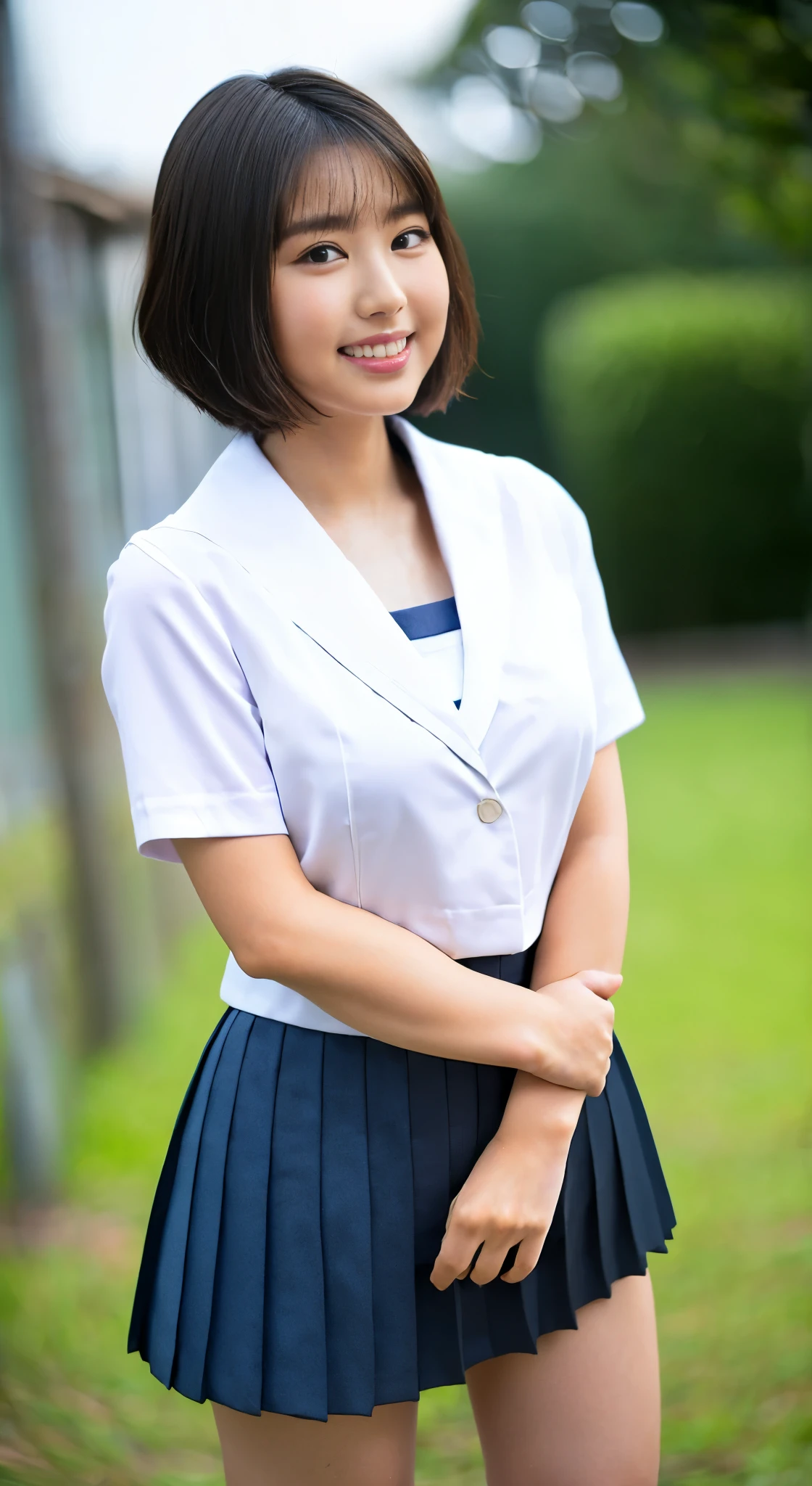masterpiece, highest quality, Complete Anatomy、RAW Photos, Realistic、(Cute face:1.7)、(Very cute smile:1.6)、(round face:1.9)、(Baby Face:1.6)、(Very cute face like an idol:1.8), Black-haired、Written boundary depth, High resolution, Very detailed, Very detailed目と顔, Realistic student, Sharp focus, Cinema Lighting、(Clothing that emphasizes the bulge of the chest:1.6)、 (Large Breasts:1.7)、19 year old woman、One Woman、 (Very Short Hair:1.8)、 (Japanese high school girls、school uniform:1.5)、Very detailed8k壁紙、(Pleated skirt that is too short:1.8)、(Pull up the hem of your skirt with both hands、Show white panties to the camera:1.6)、(whole body:1.5)、Are standing、Angle from below、(Thighs close up:1.8)、Written boundary depth、Background Blur