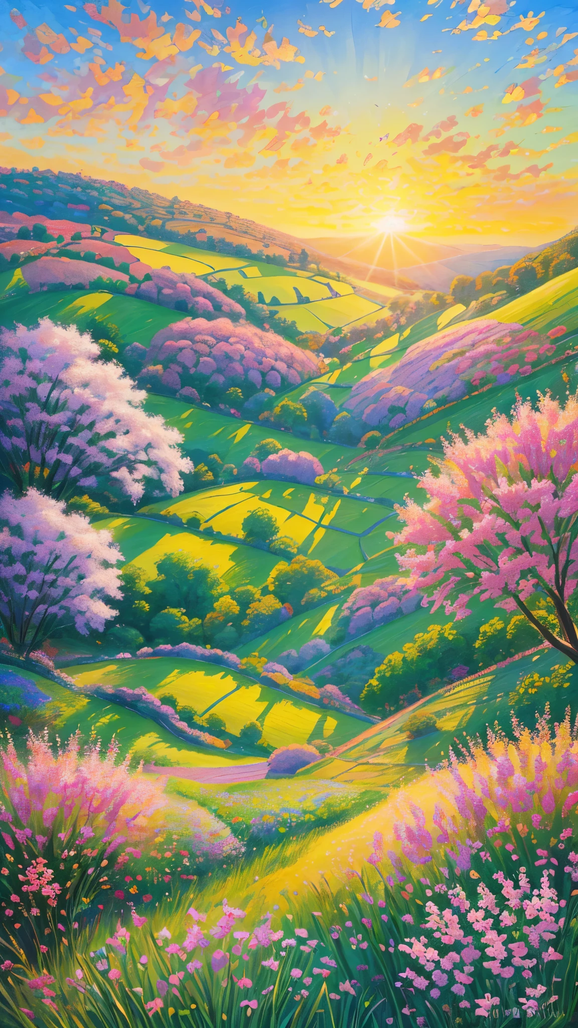 (best quality,realistic:1.2,highres),a lush green field, vibrant colorful flowers dotting the landscape,portraying the beauty of nature and the joy we can find in God's creation,illustration,extraordinary level of detail,stunning visual representation,impressive variety of flowers,serene atmosphere,sunlit scene,every blade of grass rendered with utmost precision,rich and vibrant colors,exquisite brushstrokes,picture-perfect composition,painting with a touch of impressionism,soft natural lighting,immersive experience,emphasizing the intricate details of the flowers,captivating and lifelike portrayal,awe-inspiring view,professional-level artwork,invoking a sense of tranquility and happiness.