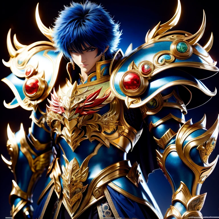 (masterpiece, best quality:1.2, UHD, 4k, masterpiece, photo realistic, insane details, ultra realistic, nobel photography), a saint seiya saint, beautiful  boy,with ultra beautiful and decoured full armour, full made of black metal, ((totally full blue and red color of armour)), (crab themed crabcore), light effects, very decourated, friezes