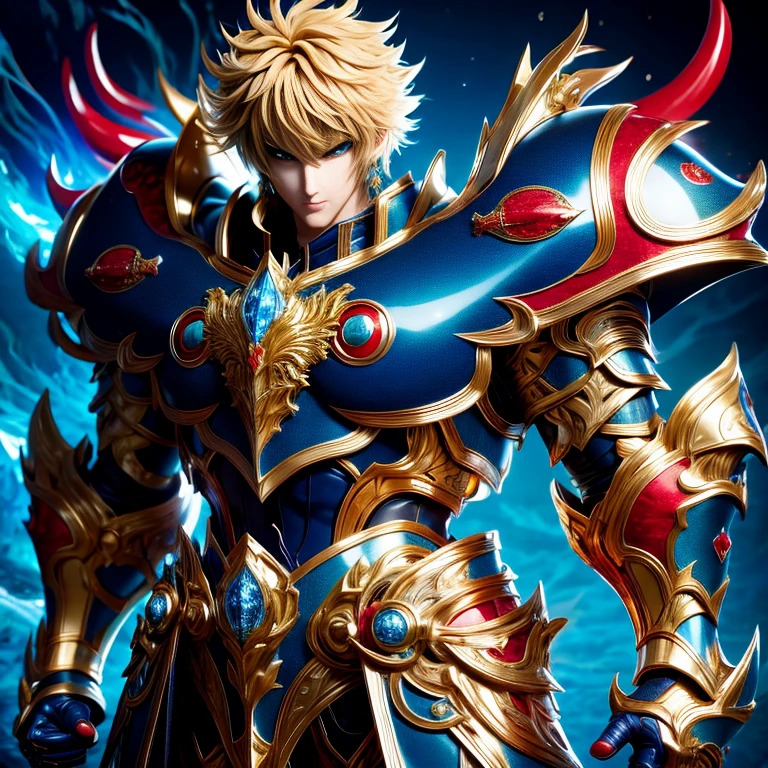 (masterpiece, best quality:1.2, UHD, 4k, masterpiece, photo realistic, insane details, ultra realistic, nobel photography), a saint seiya saint, beautiful  boy,with ultra beautiful and decoured full armour, full made of black metal, ((totally full blue and red color of armour)), (crab themed crabcore), light effects, very decourated, friezes