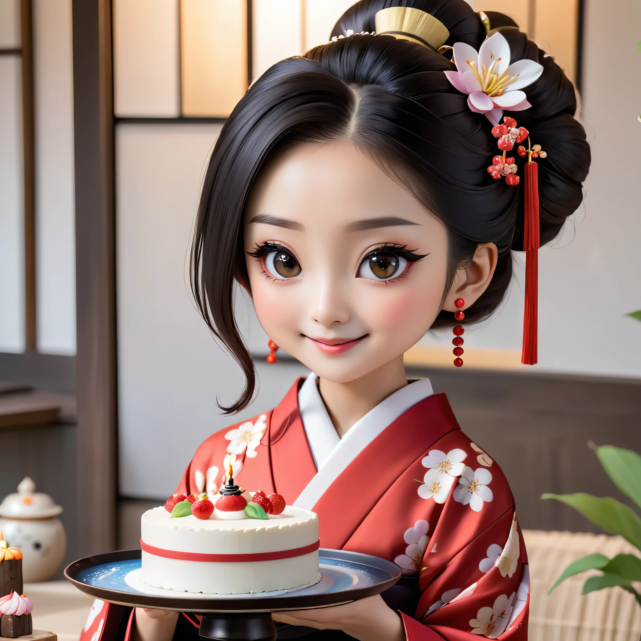  highest quality, 4K, High-end, Ultra-fine: 1.2), Realistic, Japanese Girlaya at  3,, Graceful Face, Beautiful fine details, Beautiful lip detail, Long eyelashes, red kimono costume, Tight black updo, Japanese Hair Accessories,Adeyaka,Presenting a birthday cake,smile,Tight hairstyle,Similar to Minami Hamabe,
