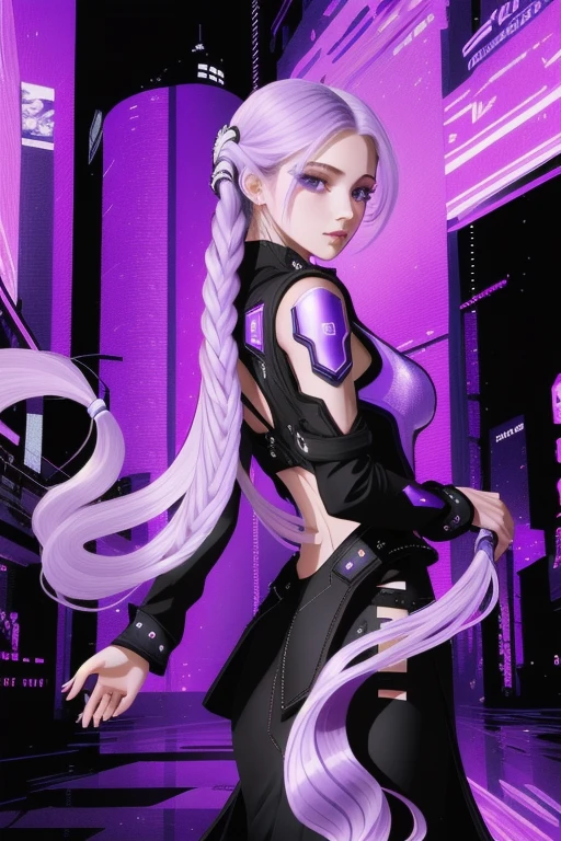 (masterpiece, best quality),  intricate details,
1girl, (purple white gradient long hair, indifferent, kind:1.2), black clothes, dynamic, looking at viewer, cyberpunk lights background