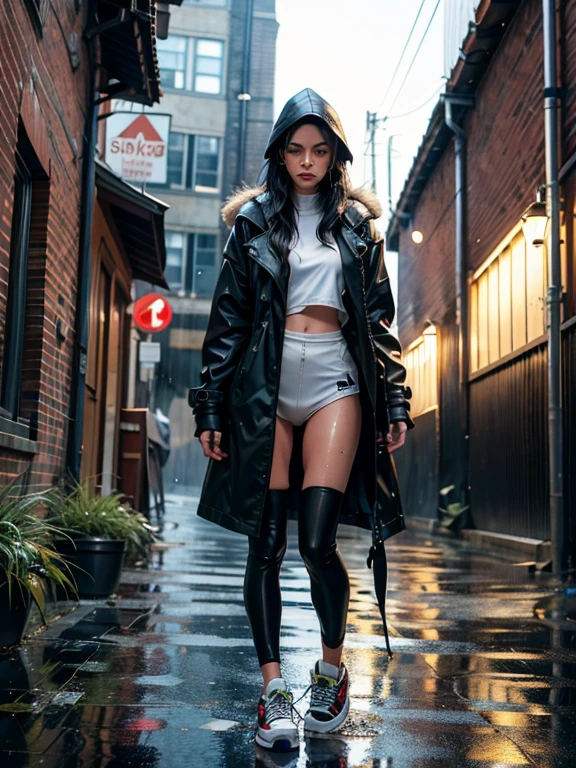 {Freya Tingley, hot, slim waist, perfect body, she is in an alley Against a wall, Brick wall, doodling, Dim lighting, alley}, (long black hair), (detailed eyes), (bright green eyes), (shy appearance wearing a big coat with fur hoods, naked), ((white Adidas sneakers), (it's raining, rainy weather, cloudy sky raining, she's all wet), full body, dynamic view.