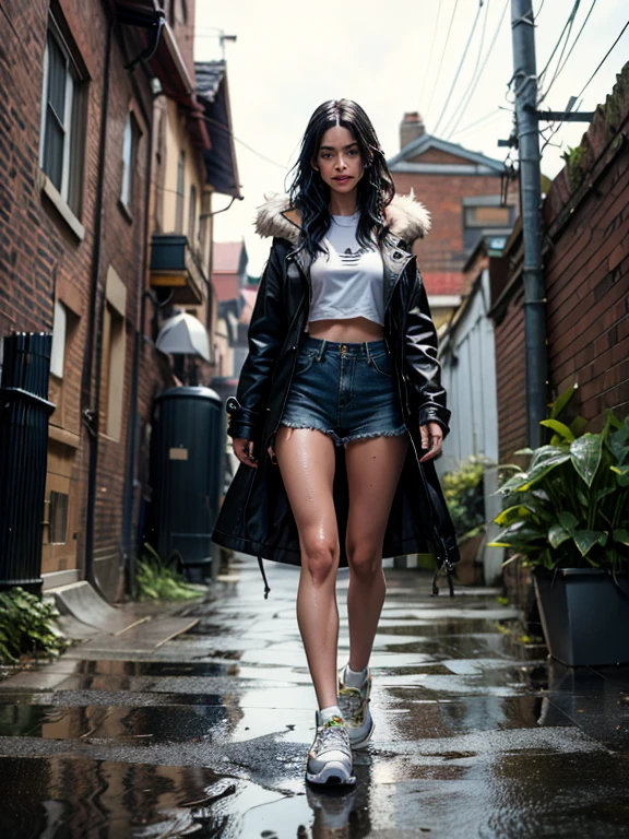 {Freya Tingley, hot, slim waist, perfect body, she is in an alley Against a wall, Brick wall, doodling, Dim lighting, alley}, (long black hair), (detailed eyes), (bright green eyes), (shy appearance wearing a big coat with fur hoods, naked), ((white Adidas sneakers), (it's raining, rainy weather, cloudy sky raining, she's all wet), full body, dynamic view.