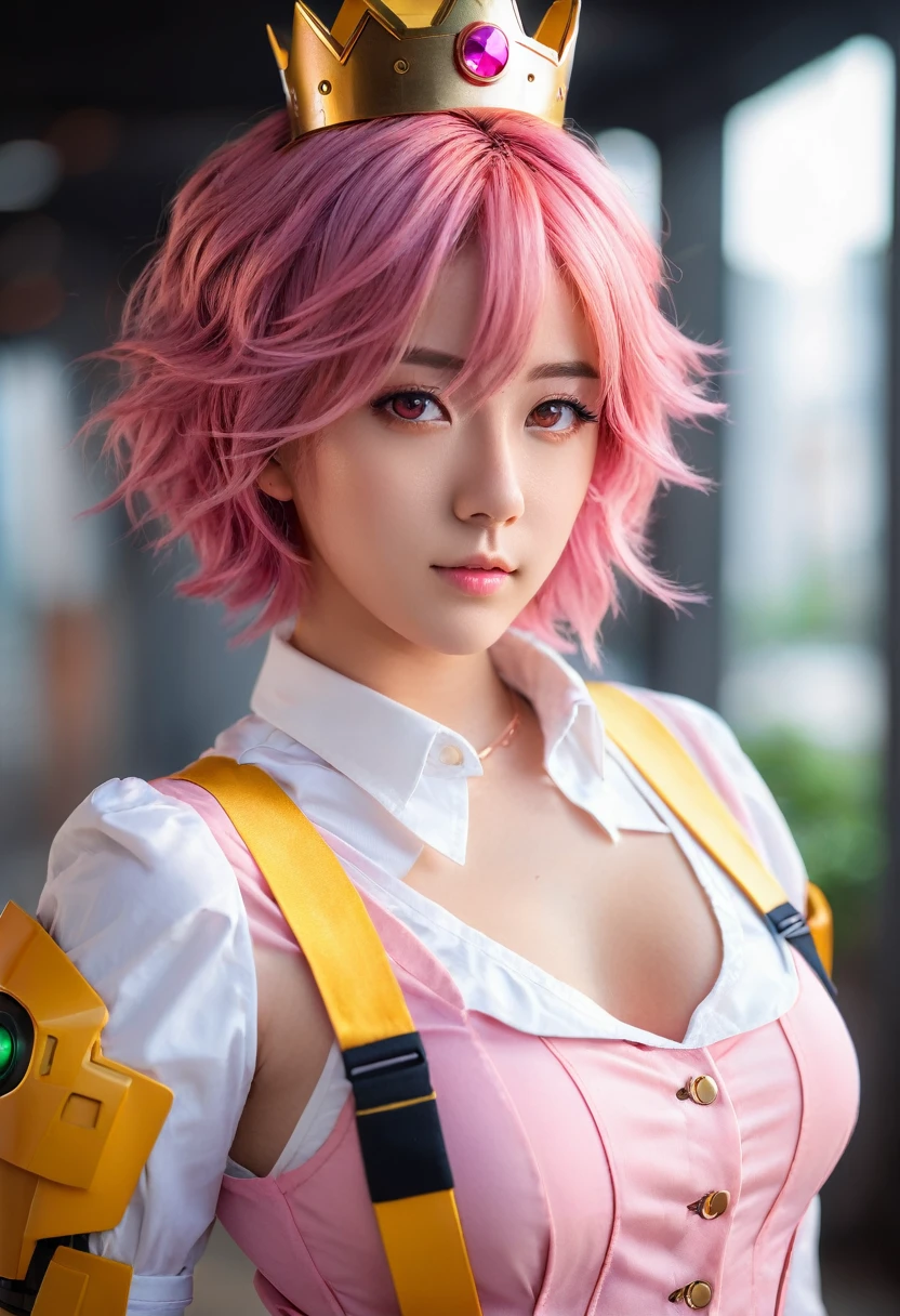 (8k, RAW photo, best quality, masterpiece), ultra high resolution, (realistic, photo-realistic), 1girl, emotionless, solo, pink hair, yellow eyes, professional lighting, detailed lighting, backlight, depth of field, natural lighting, sharp focus, two meter shooting distance, professional photo shoot, detailed eyes, realistic eyes, detailed shadow, cg game, cosplay, pink clothes with arm ring, suspenders, upper body, pink clothes, exterior, crown, Gundam, Mecha, robot