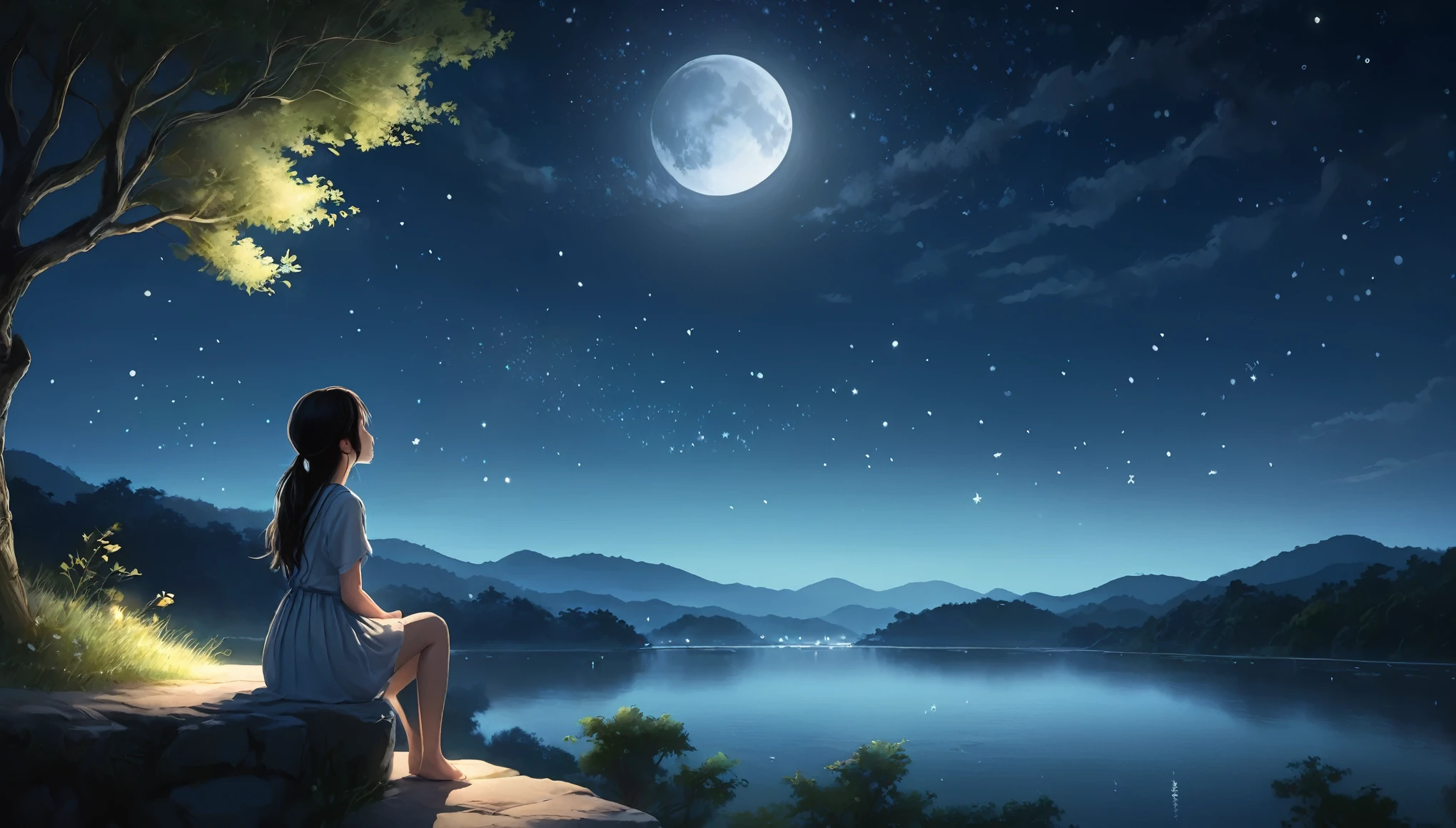 A beautiful girl is lying on the bank of a river.  Staring at the night sky alone.