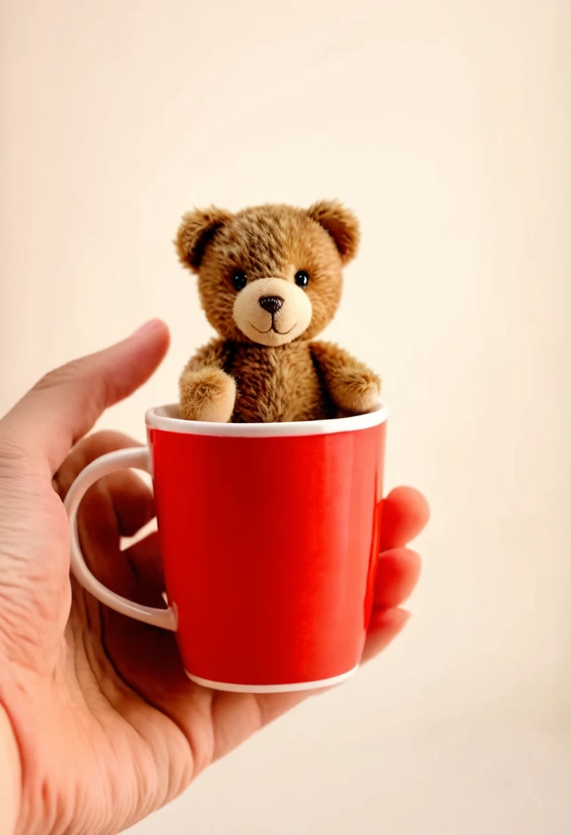 hand holding mini cup with teddy bear inside, 8k, extremely detailed,