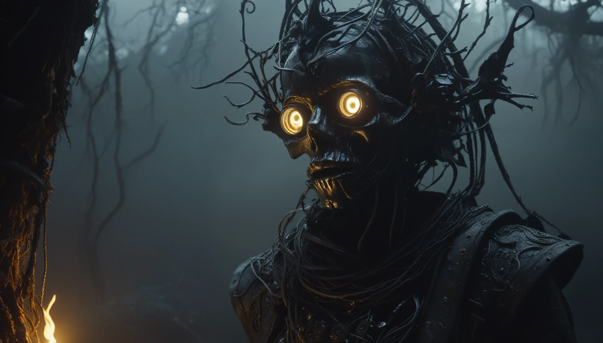 steampunk dark horror theme,psychologic fantasy, young plant witch made of dead plants huntering, black and white color mechanical clockwork Spaceship under sea, ominous landscapes,large number of stars fly towards the viewer,ruined,ruined theme,lots of dust,amazon,full body length,maybe pretty face,full body length, eerie atmosphere, ethereal presence,  swirling mists, supernatural entities, demonic essence, shadowy forms,  sinister aura, dark and twisted branches, macabre elements, otherworldly beauty, ethereal glow, eerie and ominous lighting，otherworldly charm，Complicated details，Exquisite features,Surreal atmosphere,captivating creation,witch After the war，Maritime bazar of science and technology,like Stone Forest in Yunnan Province of China,Simon Stalenhag,Nicola Samori,Wangechi Mutu,intricate details,extremely detailed,masterpiece,intricate details,eyes extremely detailed, high detailed eyes,32k resolution, Nikon Z9